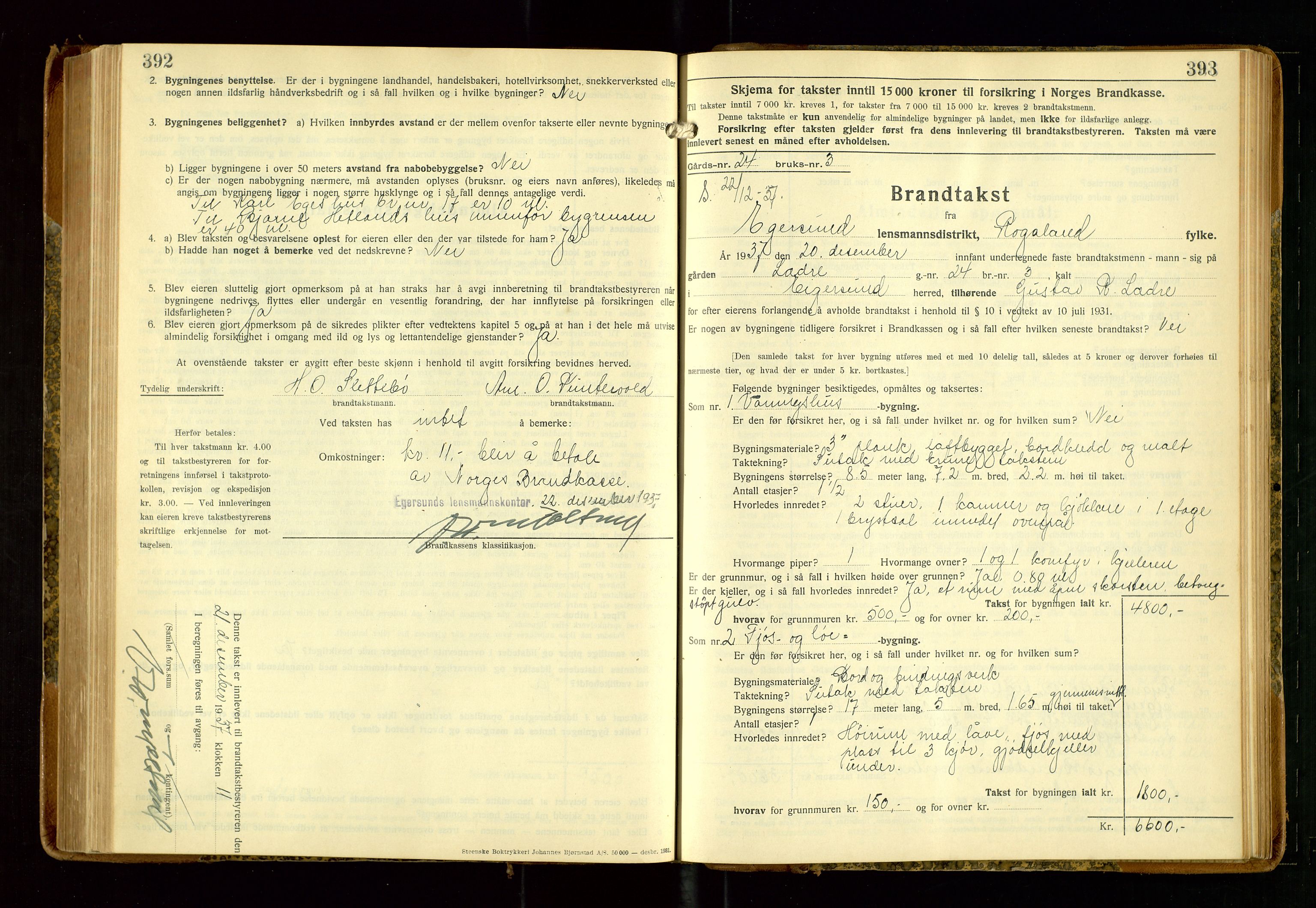 Eigersund lensmannskontor, AV/SAST-A-100171/Gob/L0006: "Brandtakstprotokoll", 1934-1938, p. 392-393