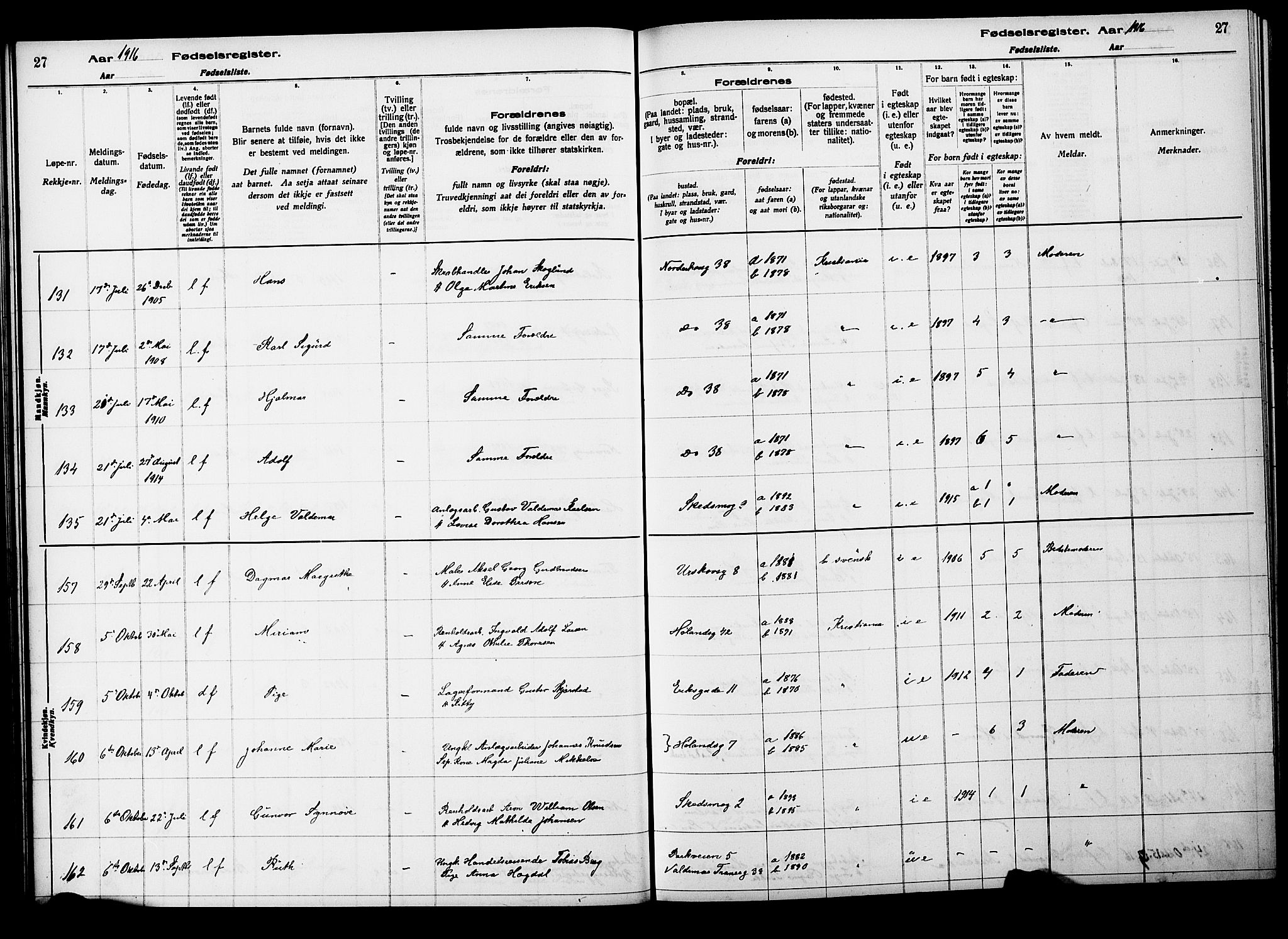 Kampen prestekontor Kirkebøker, AV/SAO-A-10853/J/Ja/L0001: Birth register no. 1, 1916-1920, p. 27