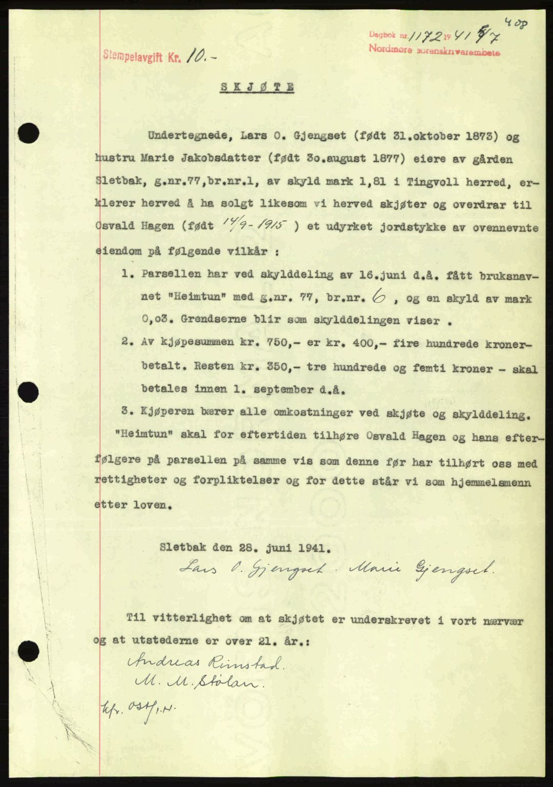Nordmøre sorenskriveri, SAT/A-4132/1/2/2Ca: Mortgage book no. A90, 1941-1941, Diary no: : 1172/1941