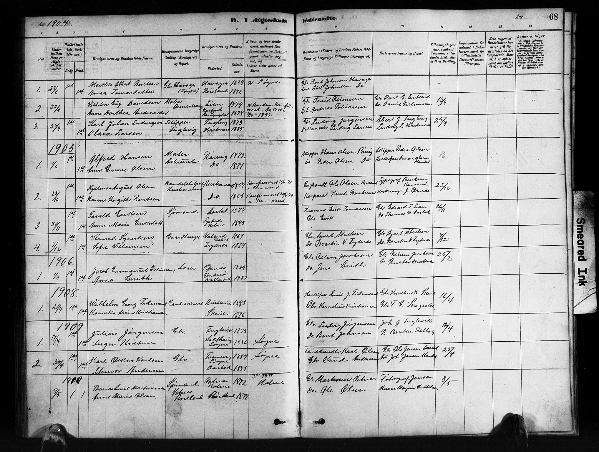 Mandal sokneprestkontor, SAK/1111-0030/F/Fb/Fbb/L0004: Parish register (copy) no. B 4, 1878-1913, p. 68