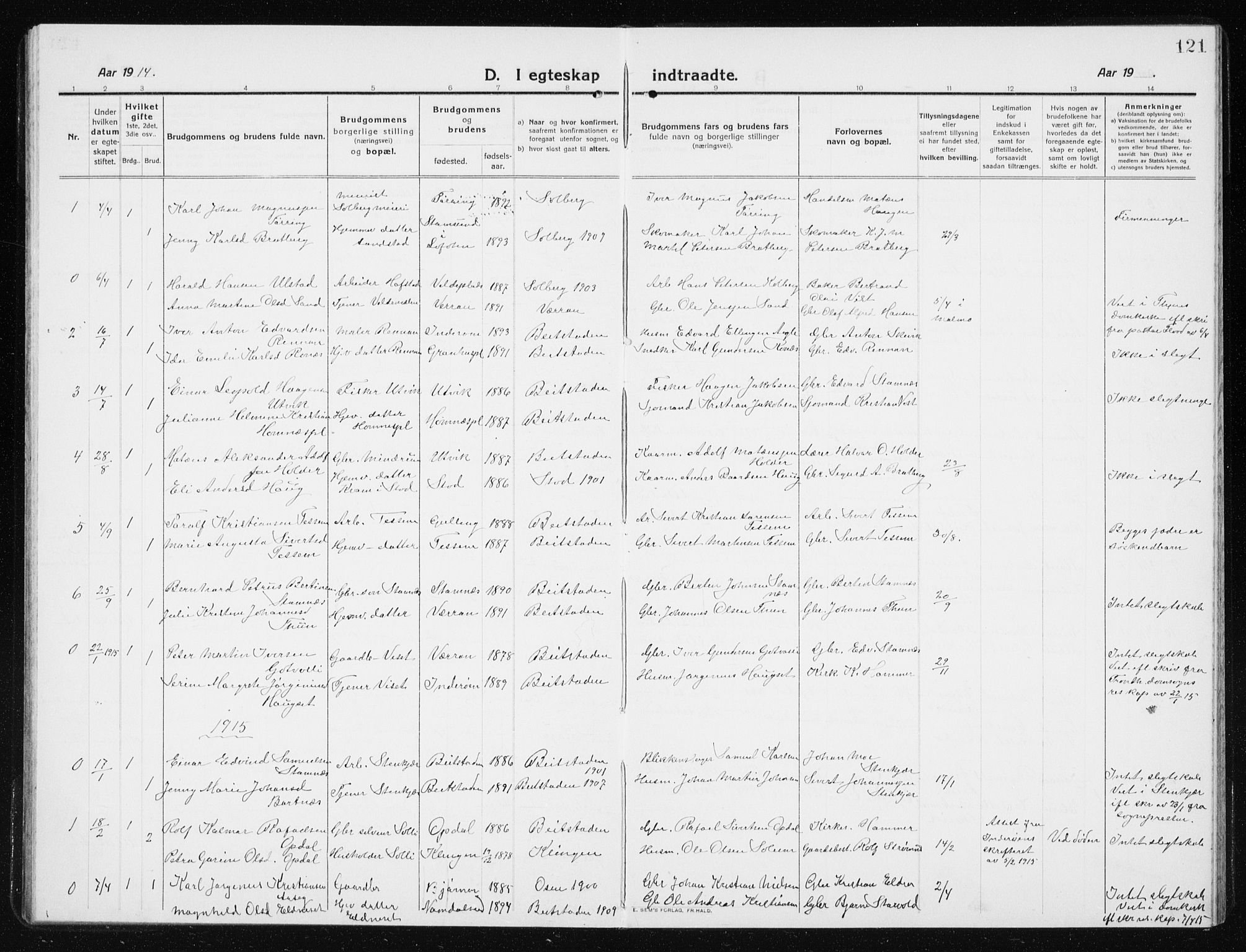 Ministerialprotokoller, klokkerbøker og fødselsregistre - Nord-Trøndelag, SAT/A-1458/741/L0402: Parish register (copy) no. 741C03, 1911-1926, p. 121