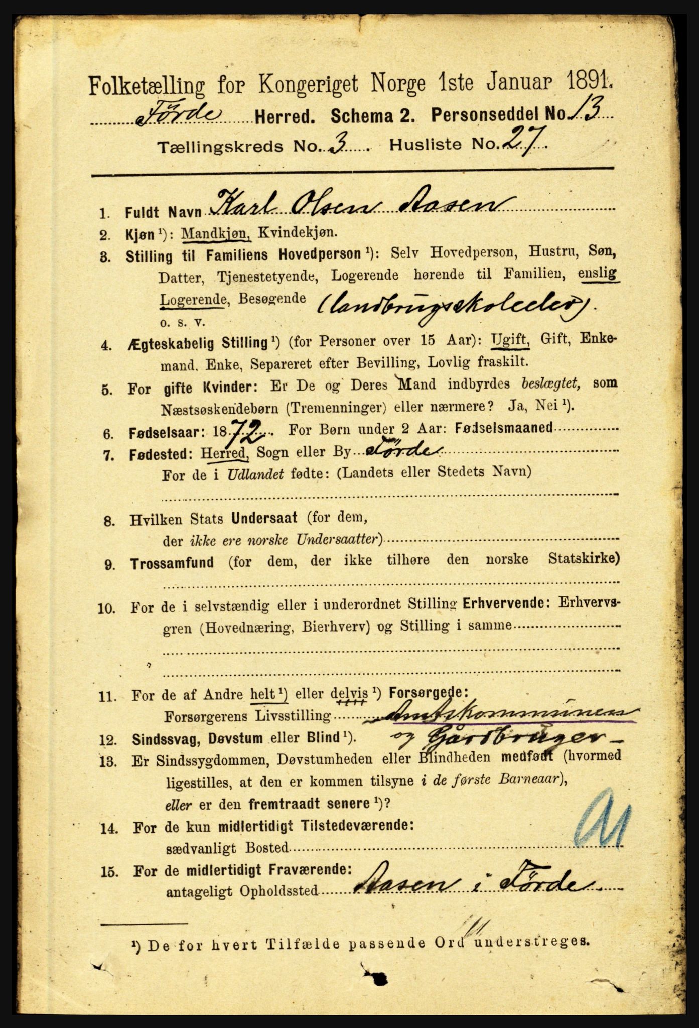 RA, 1891 census for 1432 Førde, 1891, p. 994