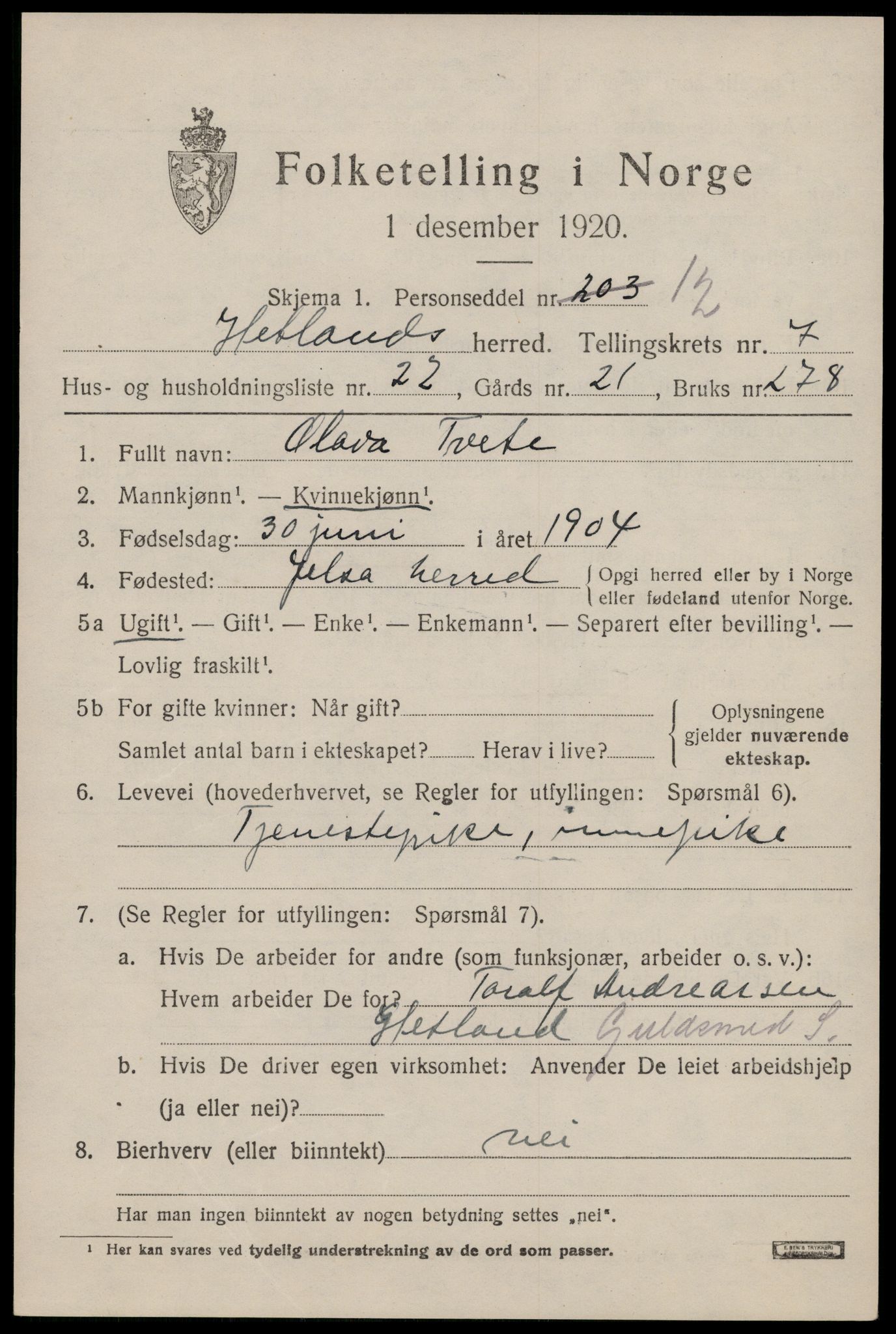 SAST, 1920 census for Hetland, 1920, p. 14195