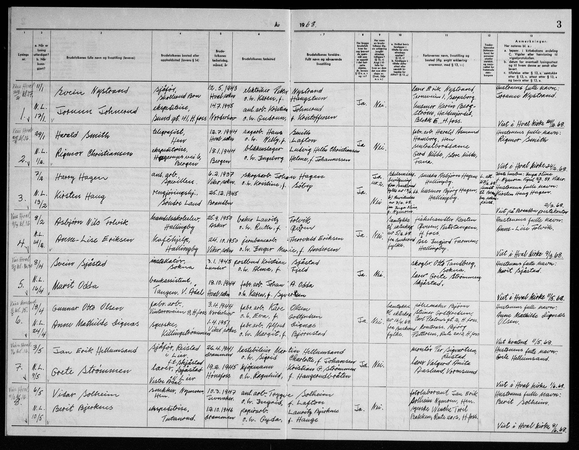 Ådal kirkebøker, AV/SAKO-A-248/H/Ha/L0002: Banns register no. 2, 1967-1969, p. 3