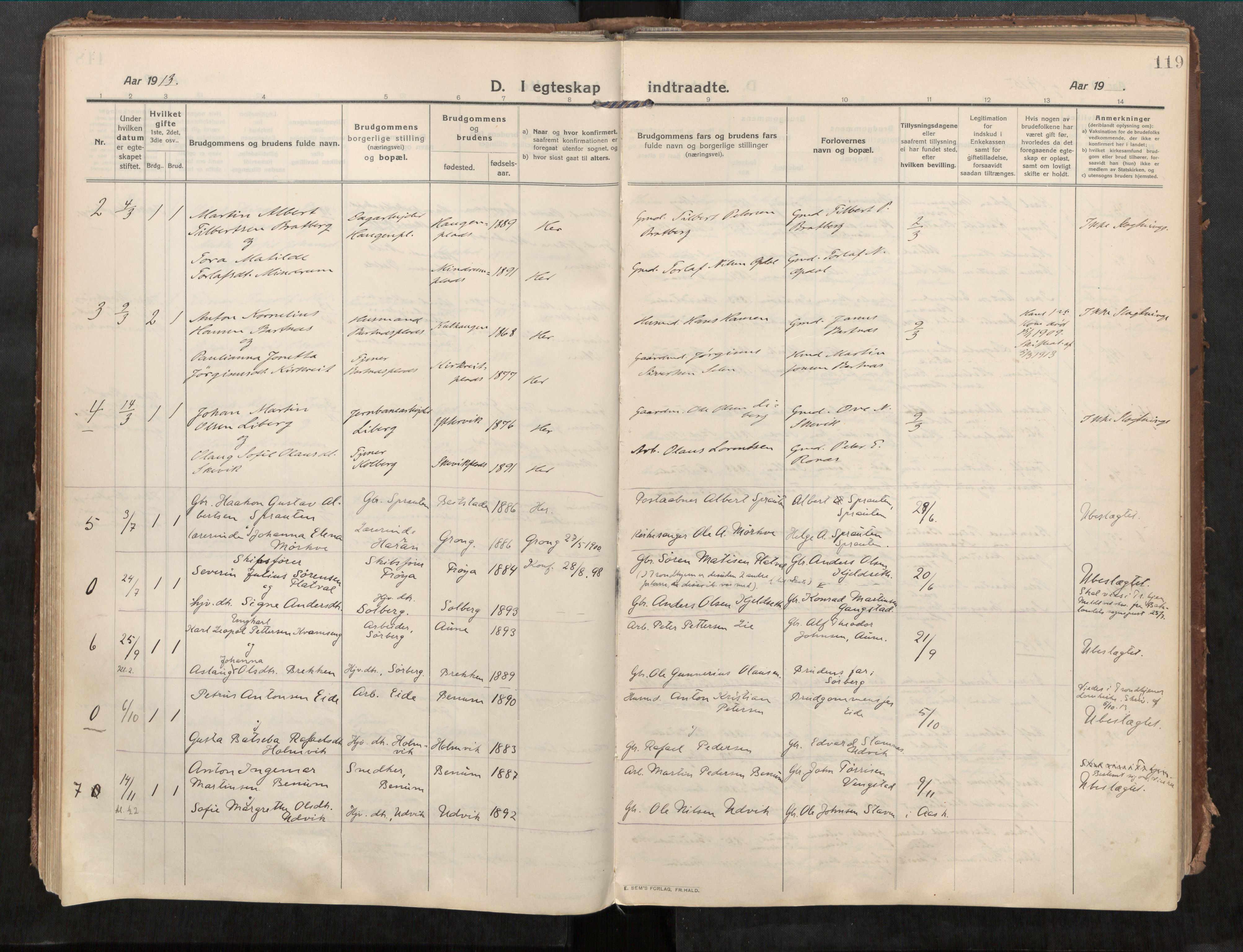 Beitstad sokneprestkontor, SAT/A-1162/I/I1/I1a/L0001: Parish register (official) no. 1, 1912-1927, p. 119