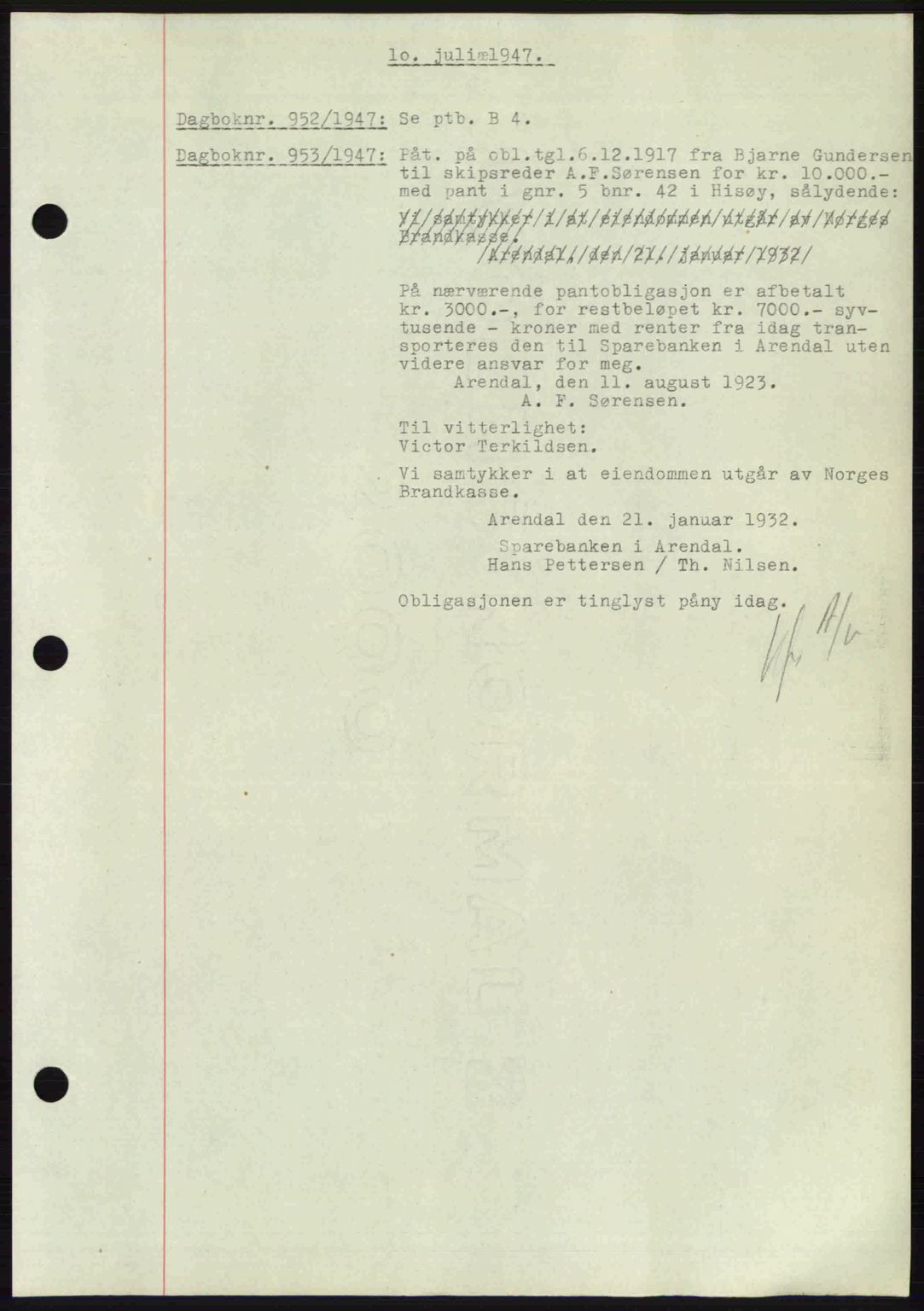 Nedenes sorenskriveri, SAK/1221-0006/G/Gb/Gba/L0057: Mortgage book no. A9, 1947-1947, Diary no: : 952/1947