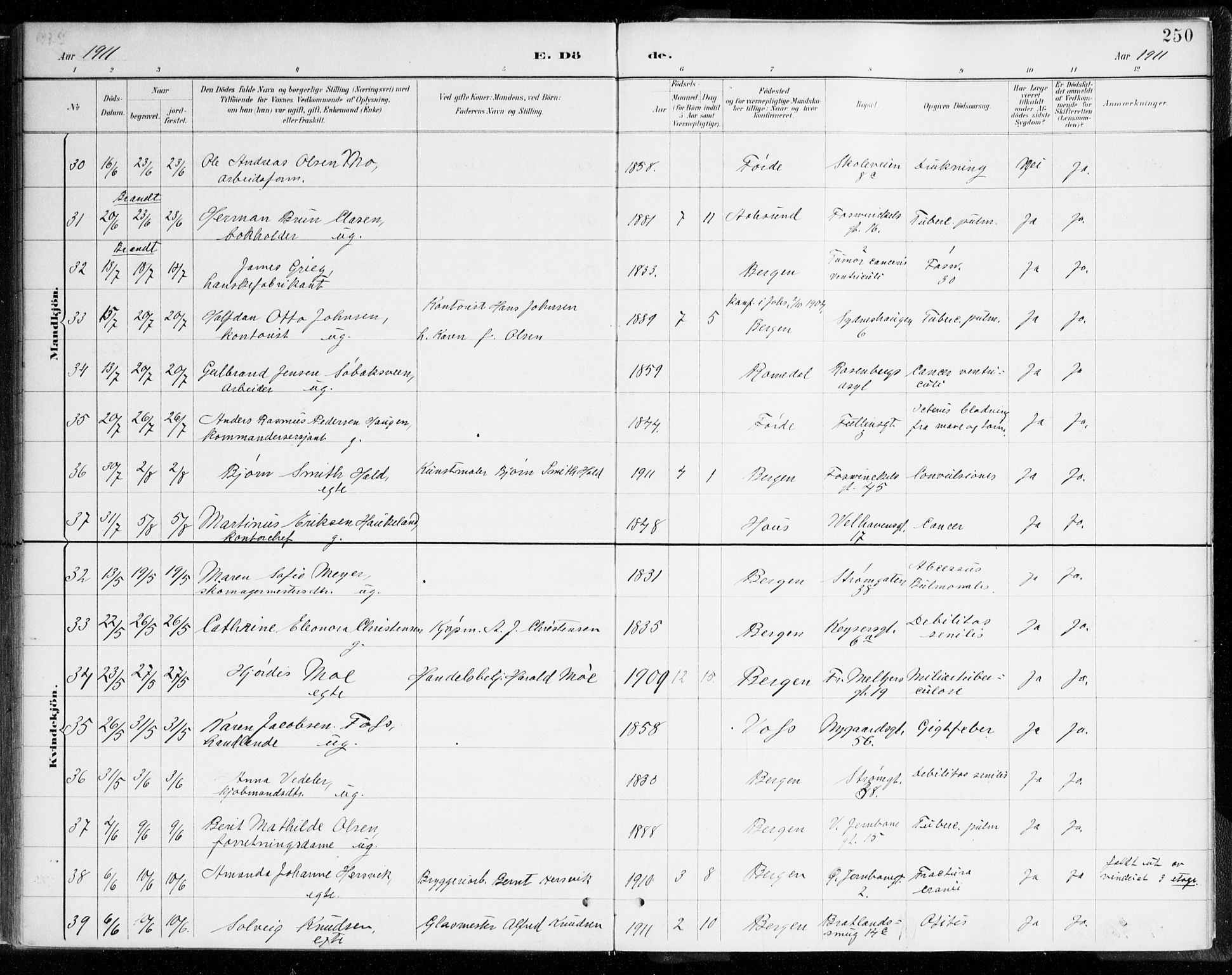 Johanneskirken sokneprestembete, SAB/A-76001/H/Haa/L0019: Parish register (official) no. E 1, 1885-1915, p. 250