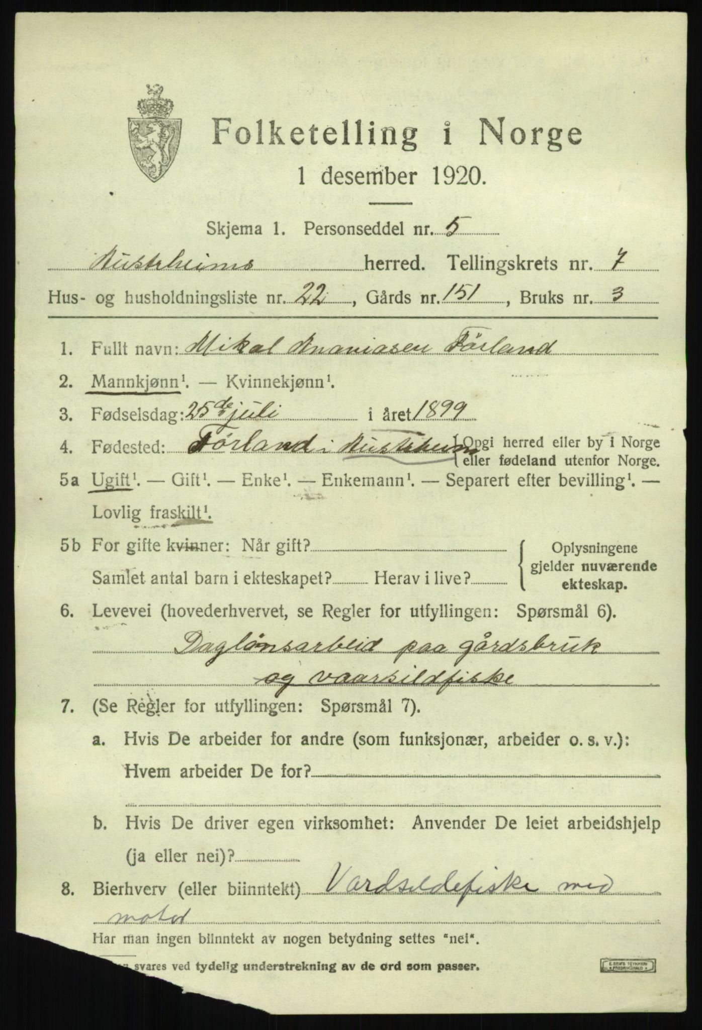 SAB, 1920 census for Austrheim, 1920, p. 2936