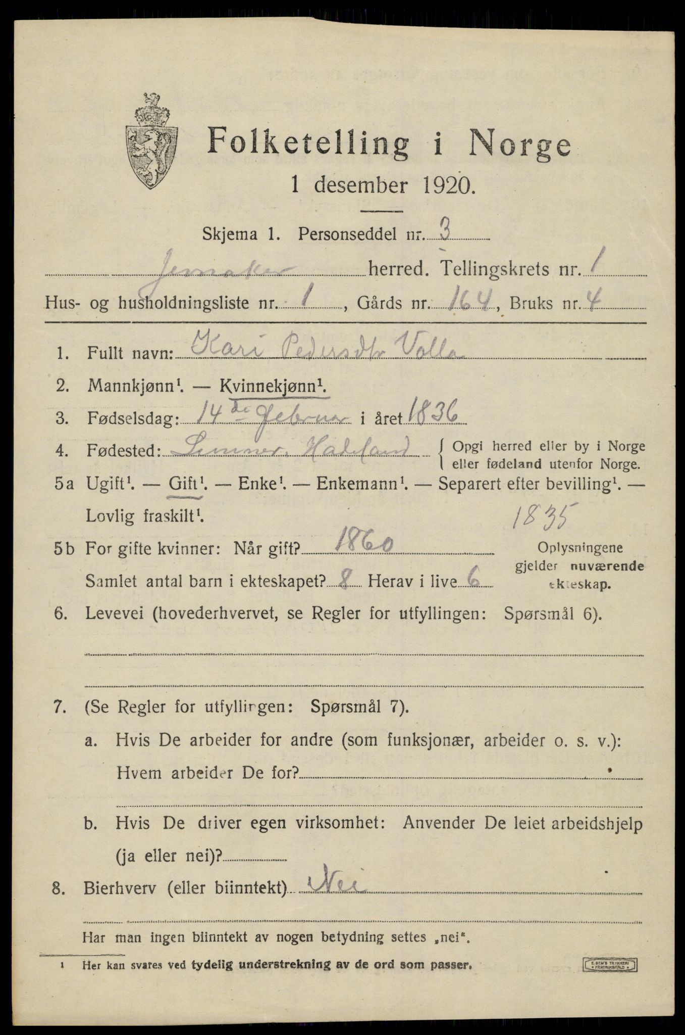 SAH, 1920 census for Jevnaker, 1920, p. 1239