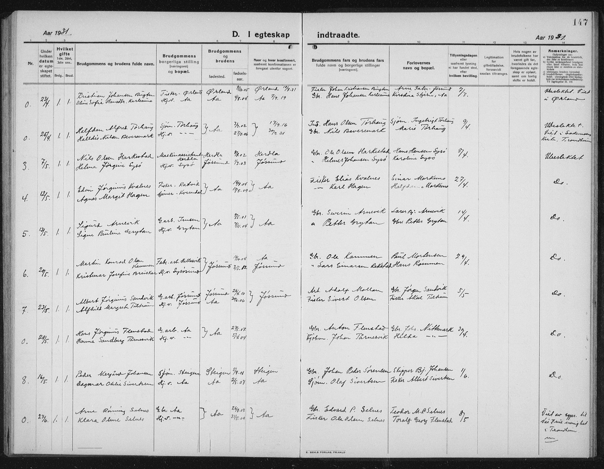 Ministerialprotokoller, klokkerbøker og fødselsregistre - Sør-Trøndelag, AV/SAT-A-1456/655/L0689: Parish register (copy) no. 655C05, 1922-1936, p. 147