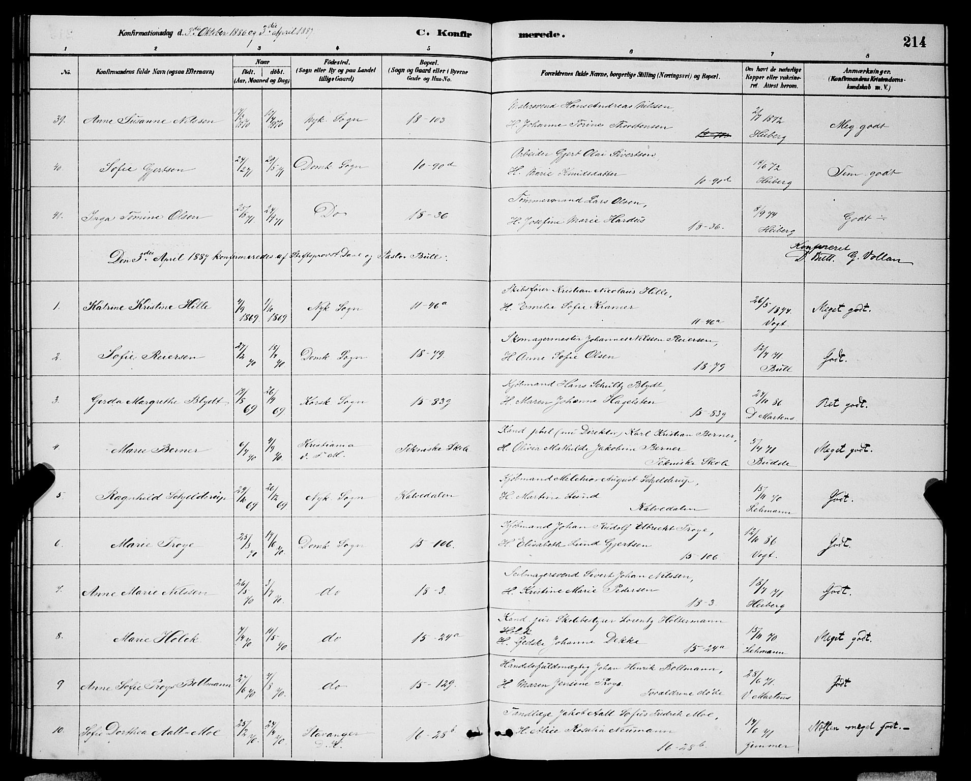 Domkirken sokneprestembete, SAB/A-74801/H/Hab/L0024: Parish register (copy) no. C 4, 1880-1899, p. 214