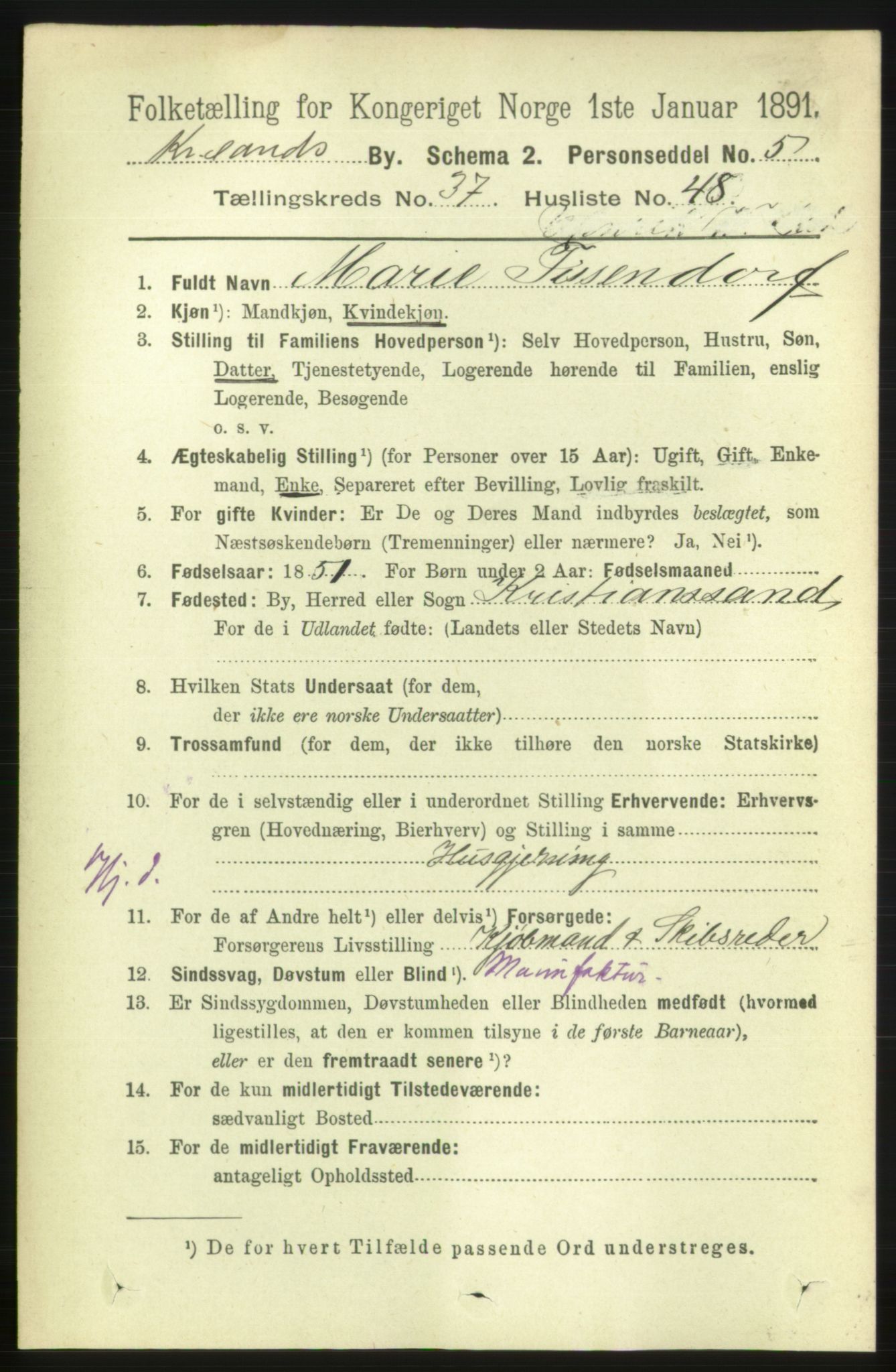 RA, 1891 census for 1001 Kristiansand, 1891, p. 11958