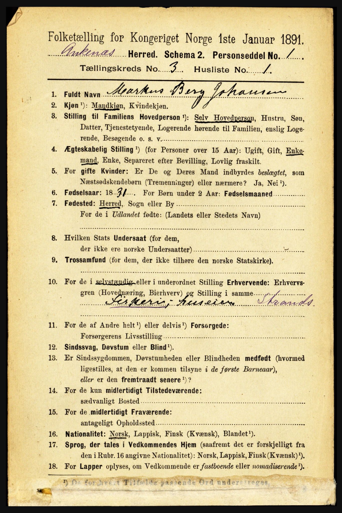 RA, 1891 census for 1855 Ankenes, 1891, p. 1574