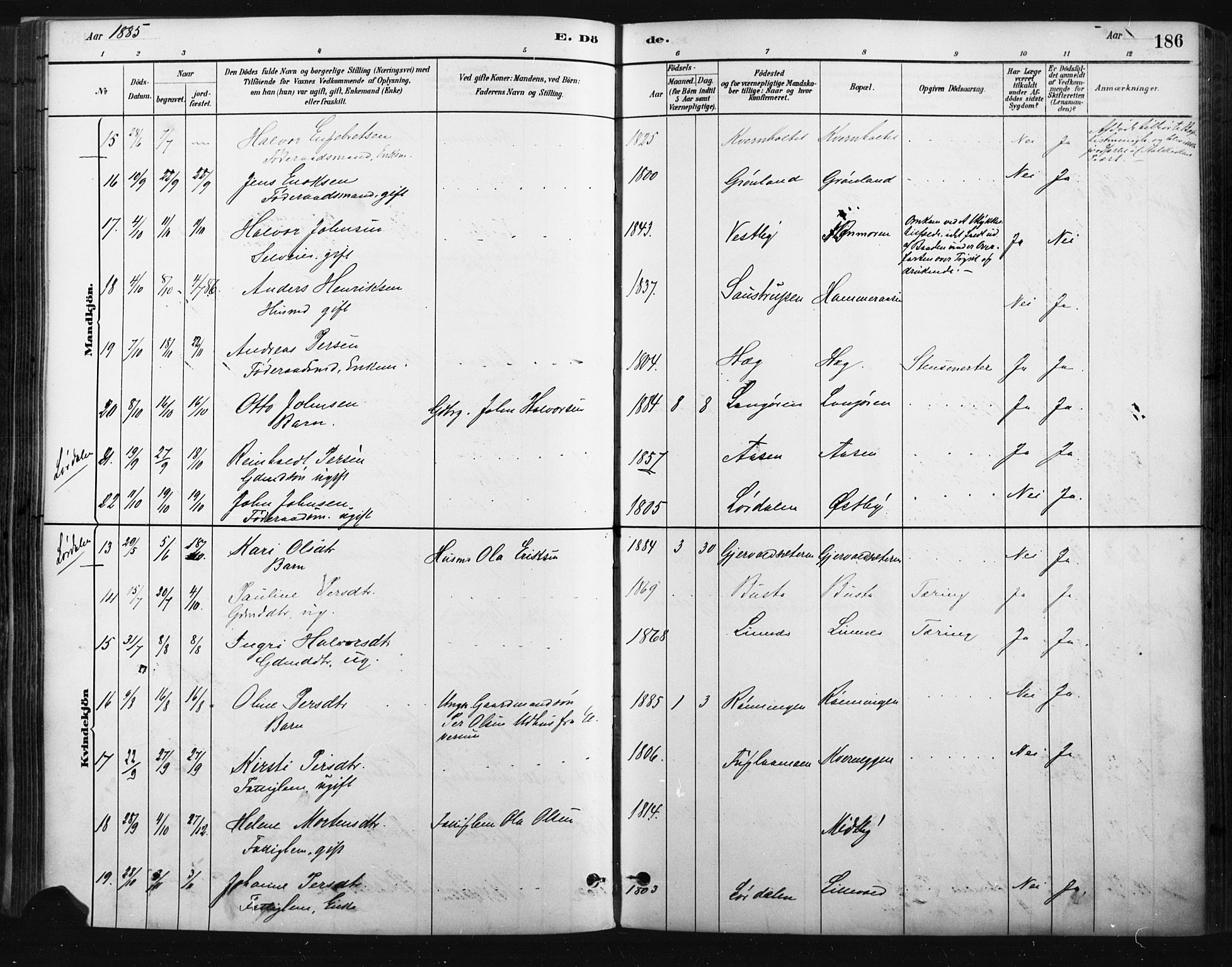 Trysil prestekontor, AV/SAH-PREST-046/H/Ha/Haa/L0009: Parish register (official) no. 9, 1881-1897, p. 186