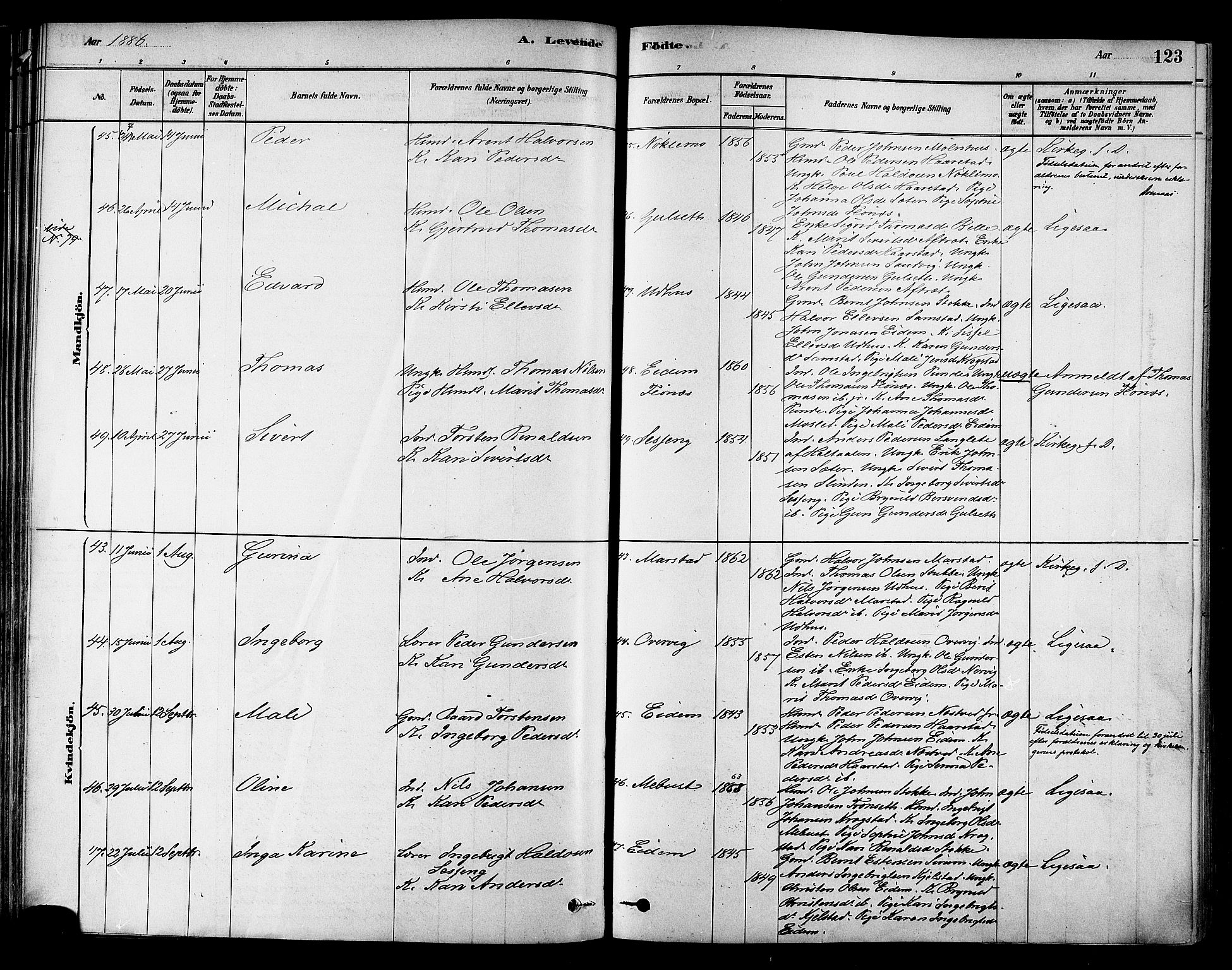 Ministerialprotokoller, klokkerbøker og fødselsregistre - Sør-Trøndelag, AV/SAT-A-1456/695/L1148: Parish register (official) no. 695A08, 1878-1891, p. 123