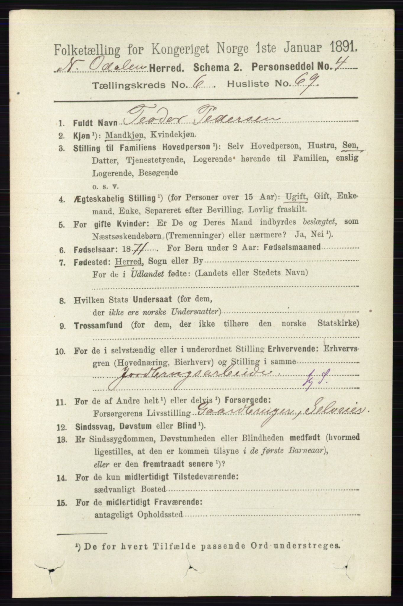 RA, 1891 census for 0418 Nord-Odal, 1891, p. 2763