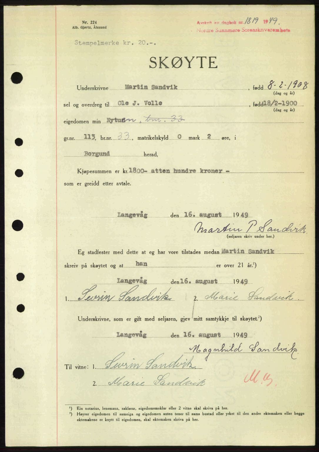 Nordre Sunnmøre sorenskriveri, AV/SAT-A-0006/1/2/2C/2Ca: Mortgage book no. A31, 1949-1949, Diary no: : 1819/1949