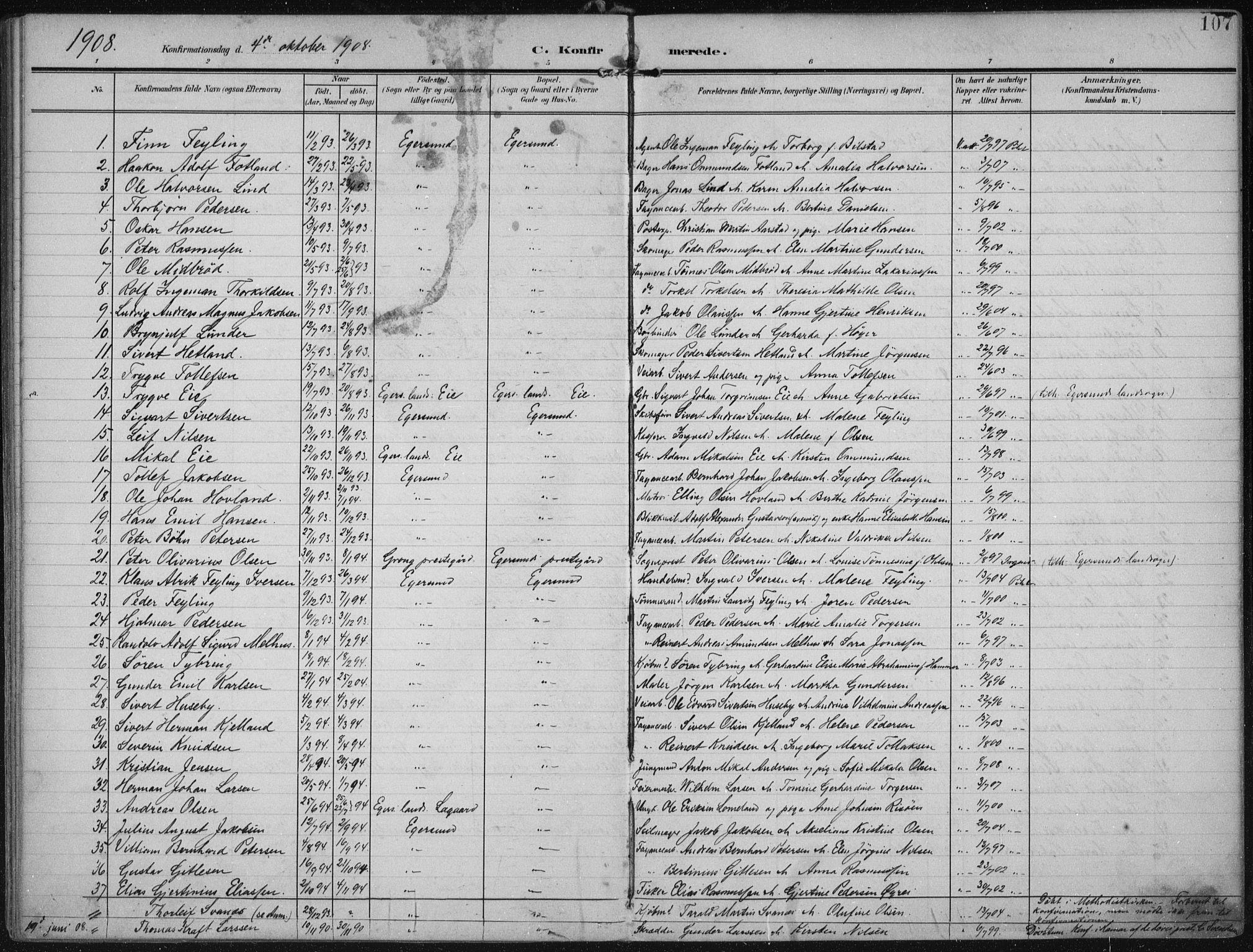 Eigersund sokneprestkontor, SAST/A-101807/S08/L0022: Parish register (official) no. A 21, 1905-1928, p. 107