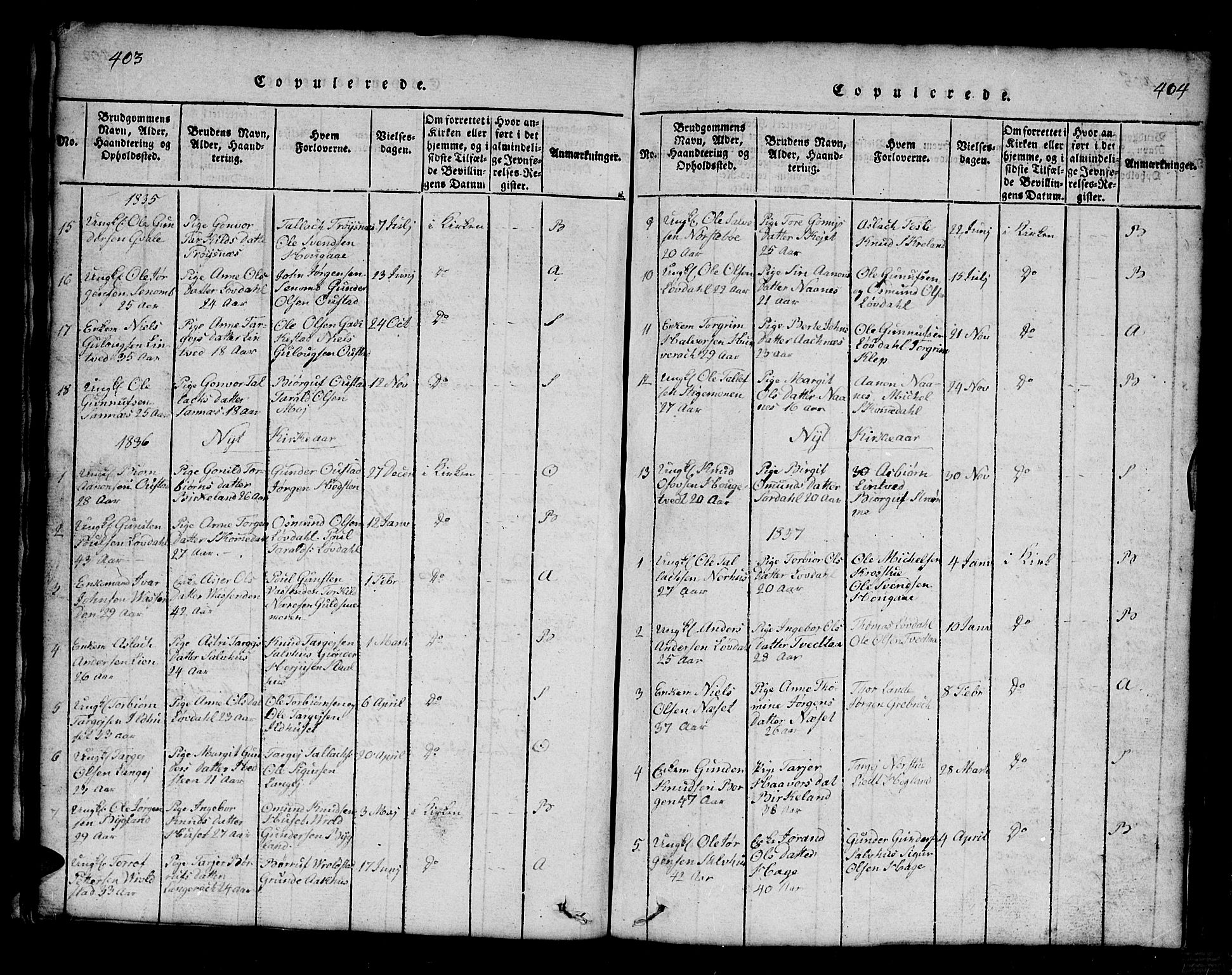 Bygland sokneprestkontor, SAK/1111-0006/F/Fb/Fbb/L0001: Parish register (copy) no. B 1, 1816-1843, p. 404-405