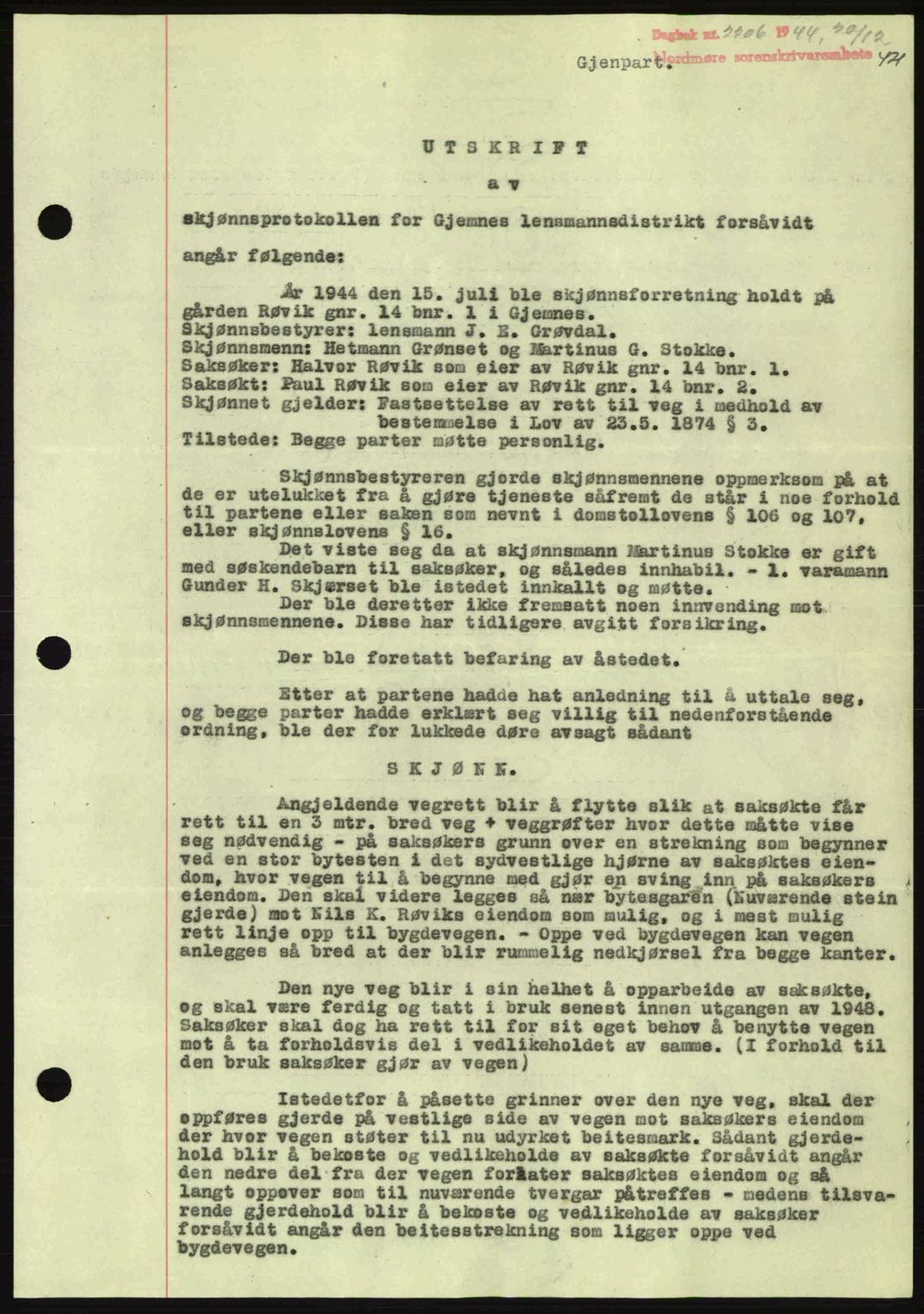 Nordmøre sorenskriveri, AV/SAT-A-4132/1/2/2Ca: Mortgage book no. B92, 1944-1945, Diary no: : 2206/1944