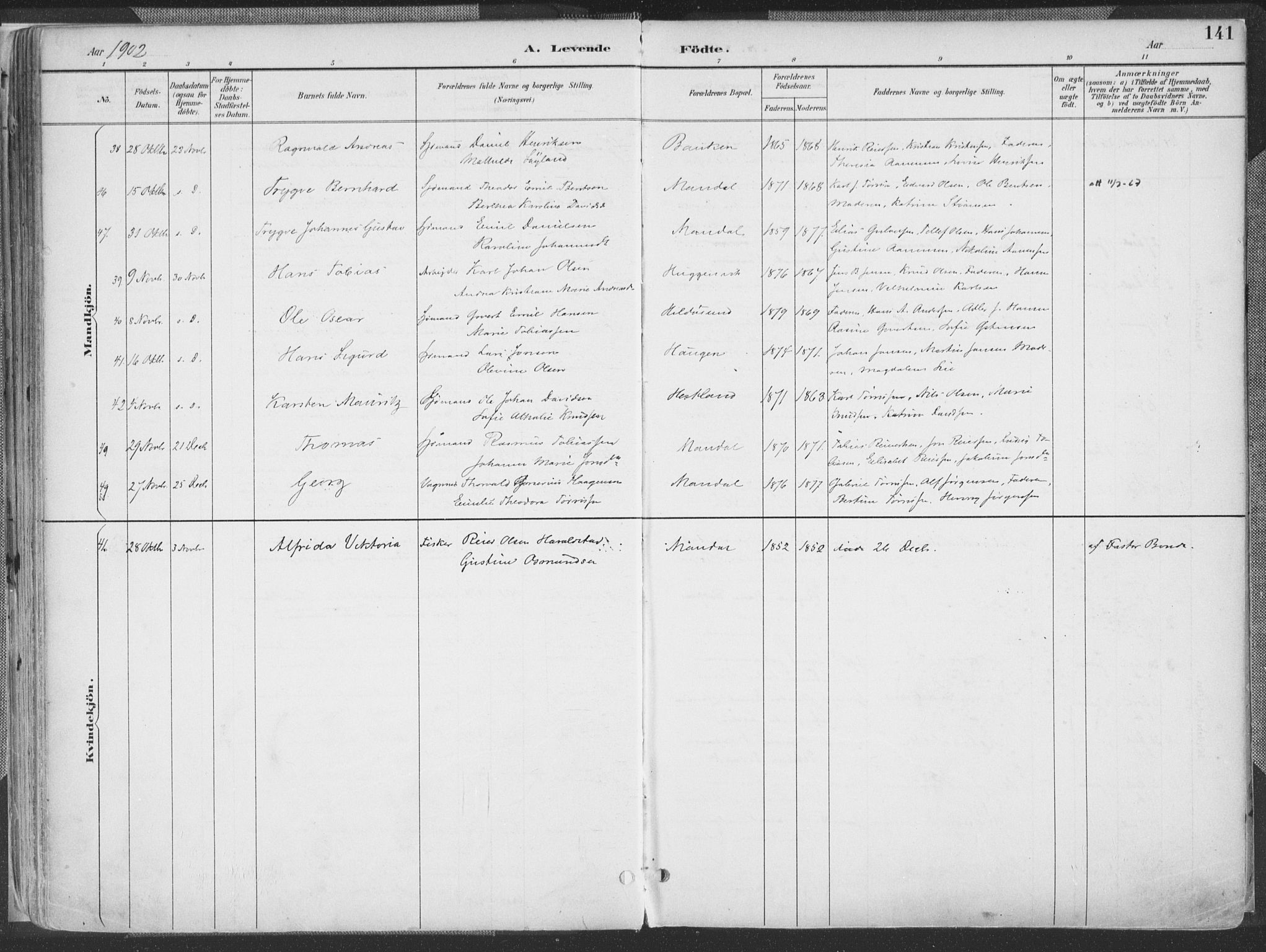 Mandal sokneprestkontor, AV/SAK-1111-0030/F/Fa/Faa/L0018: Parish register (official) no. A 18, 1890-1905, p. 141