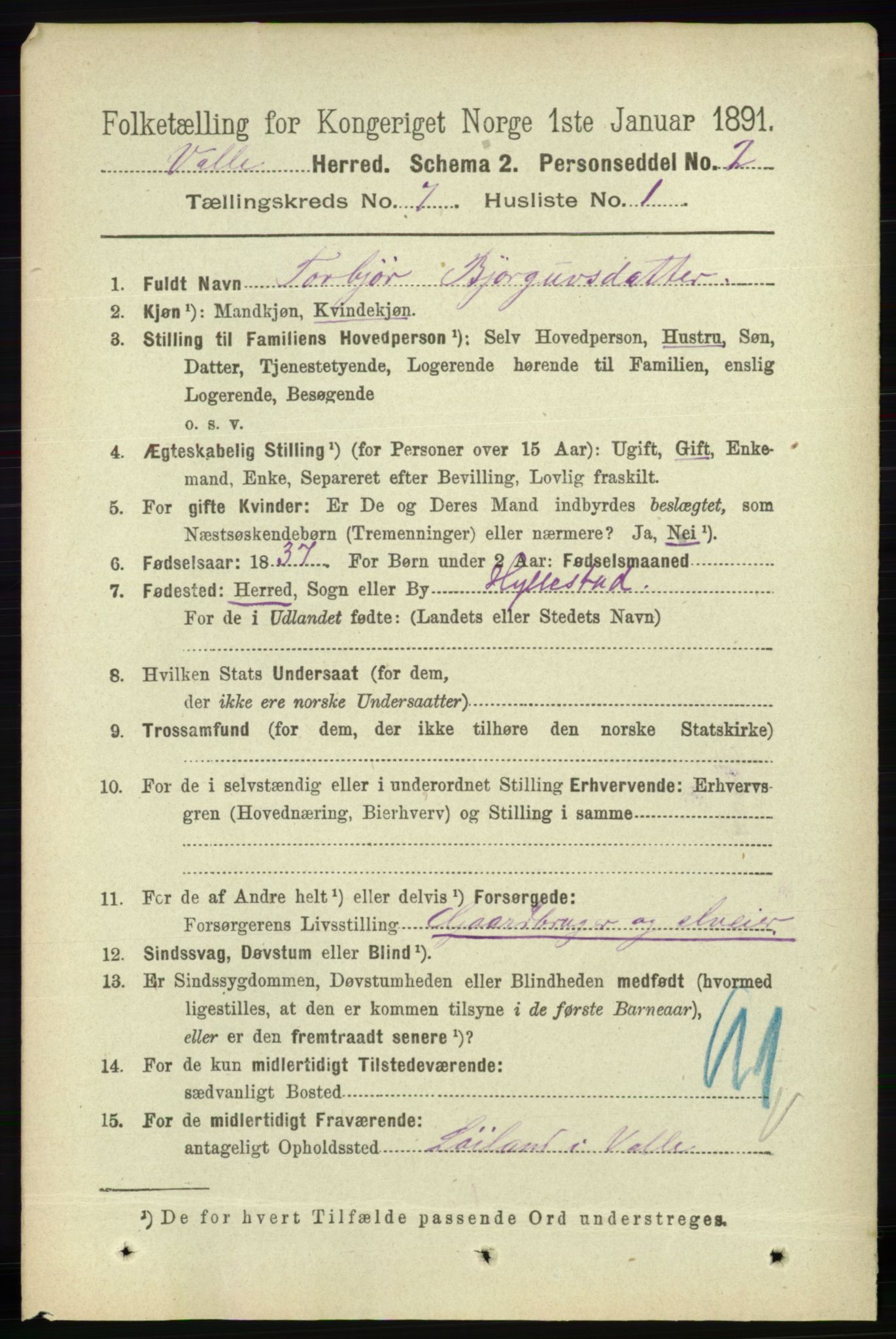 RA, 1891 census for 0940 Valle, 1891, p. 1968