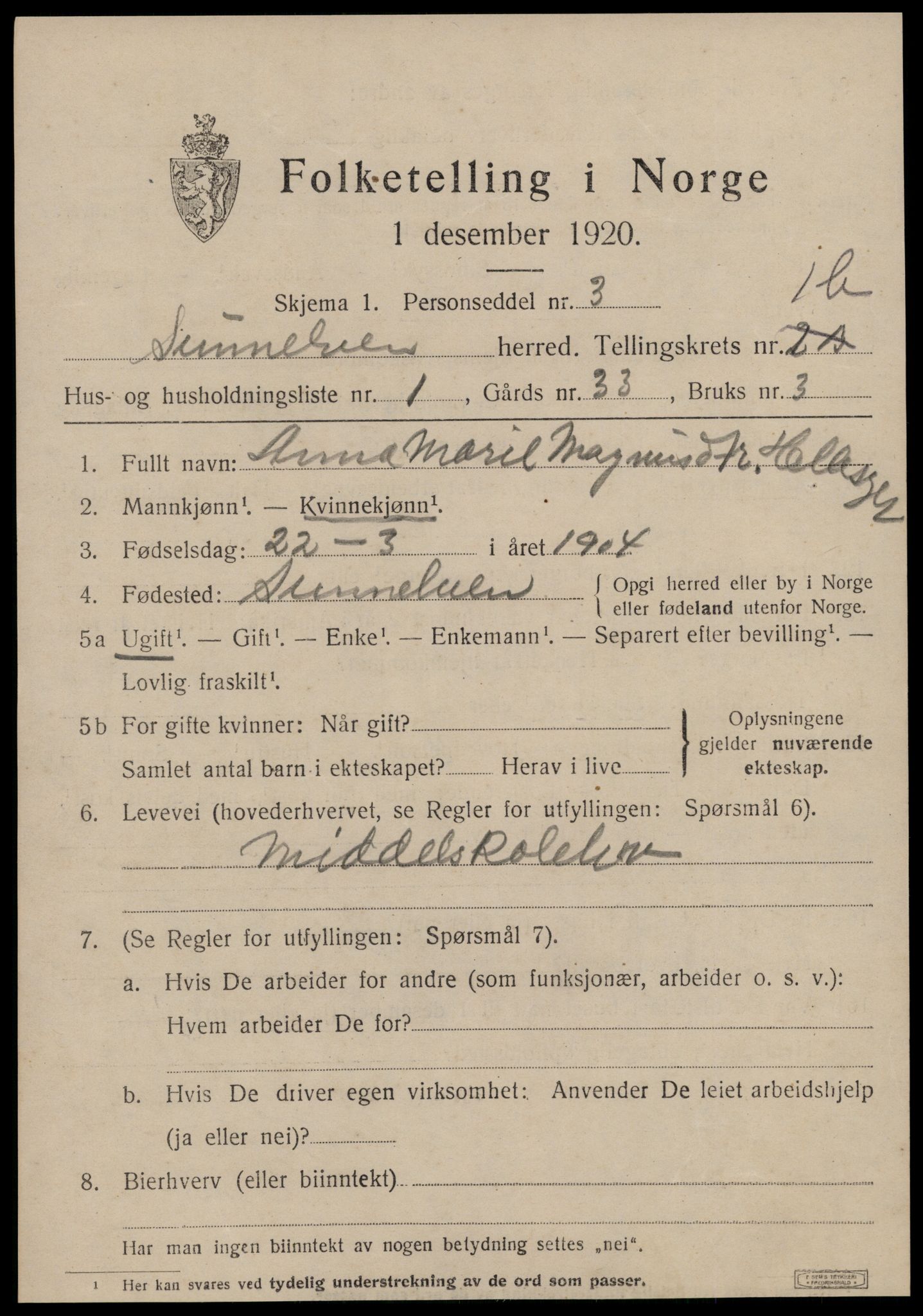 SAT, 1920 census for Sunnylven, 1920, p. 914