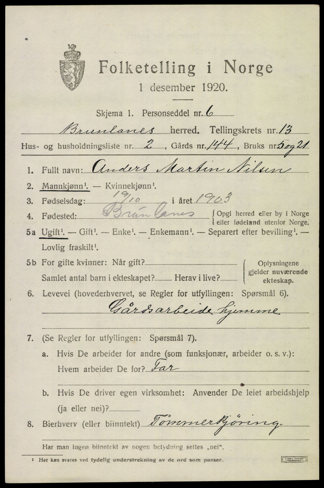 SAKO, 1920 census for Brunlanes, 1920, p. 10809