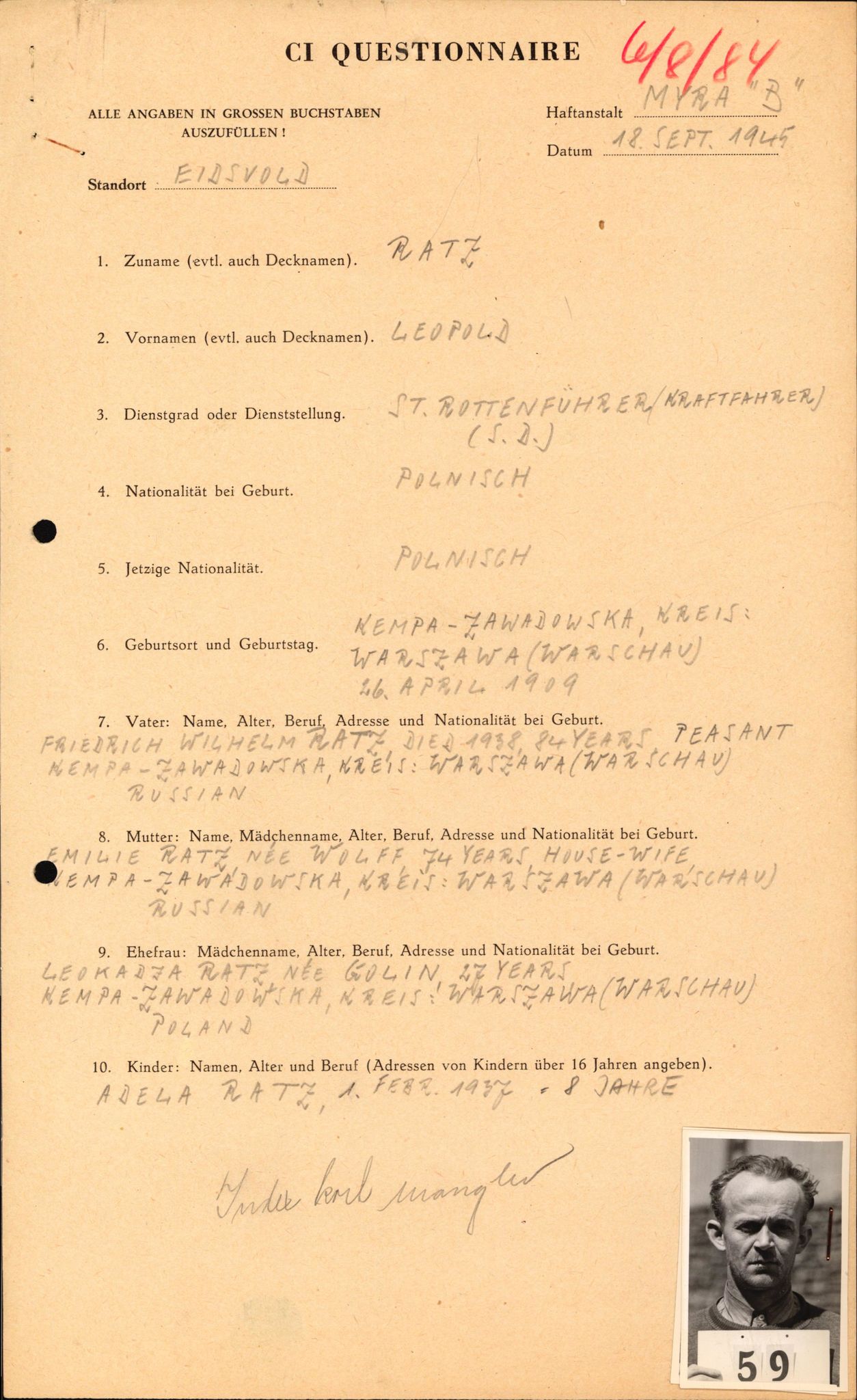 Forsvaret, Forsvarets overkommando II, AV/RA-RAFA-3915/D/Db/L0041: CI Questionaires.  Diverse nasjonaliteter., 1945-1946, p. 81