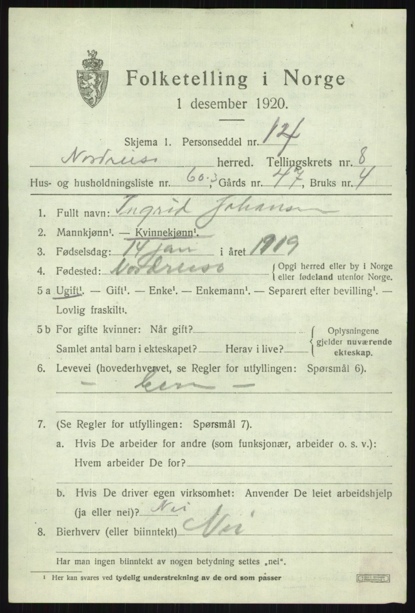 SATØ, 1920 census for Nordreisa, 1920, p. 3953