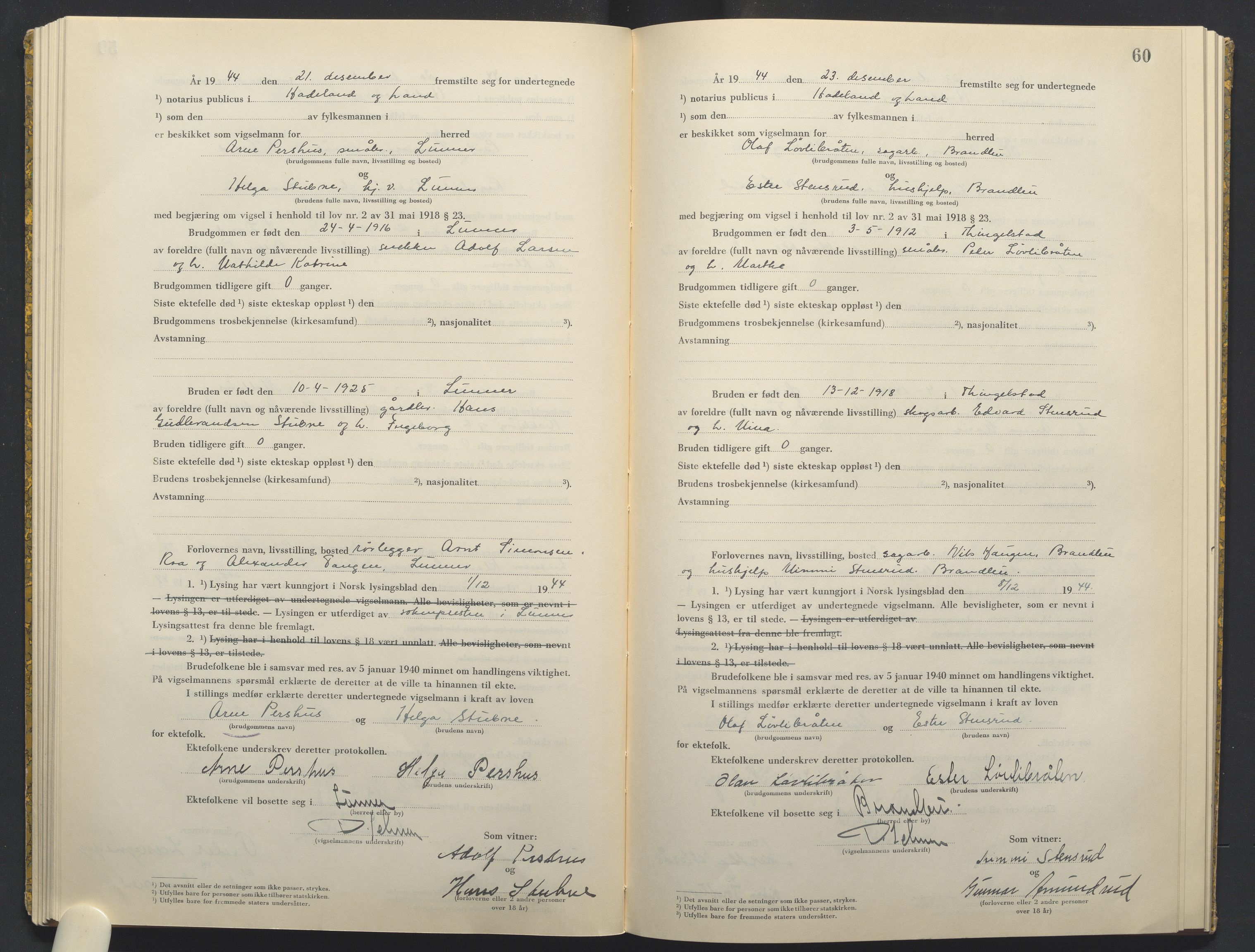 Hadeland og Land tingrett, AV/SAH-TING-010/L/Lb/L0003: Vigselbok, 1944-1946, p. 60