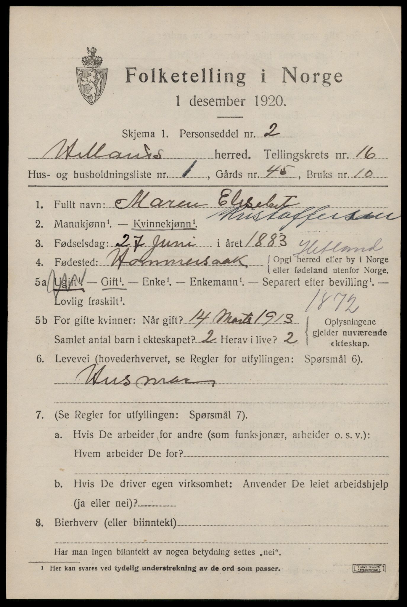 SAST, 1920 census for Hetland, 1920, p. 23145