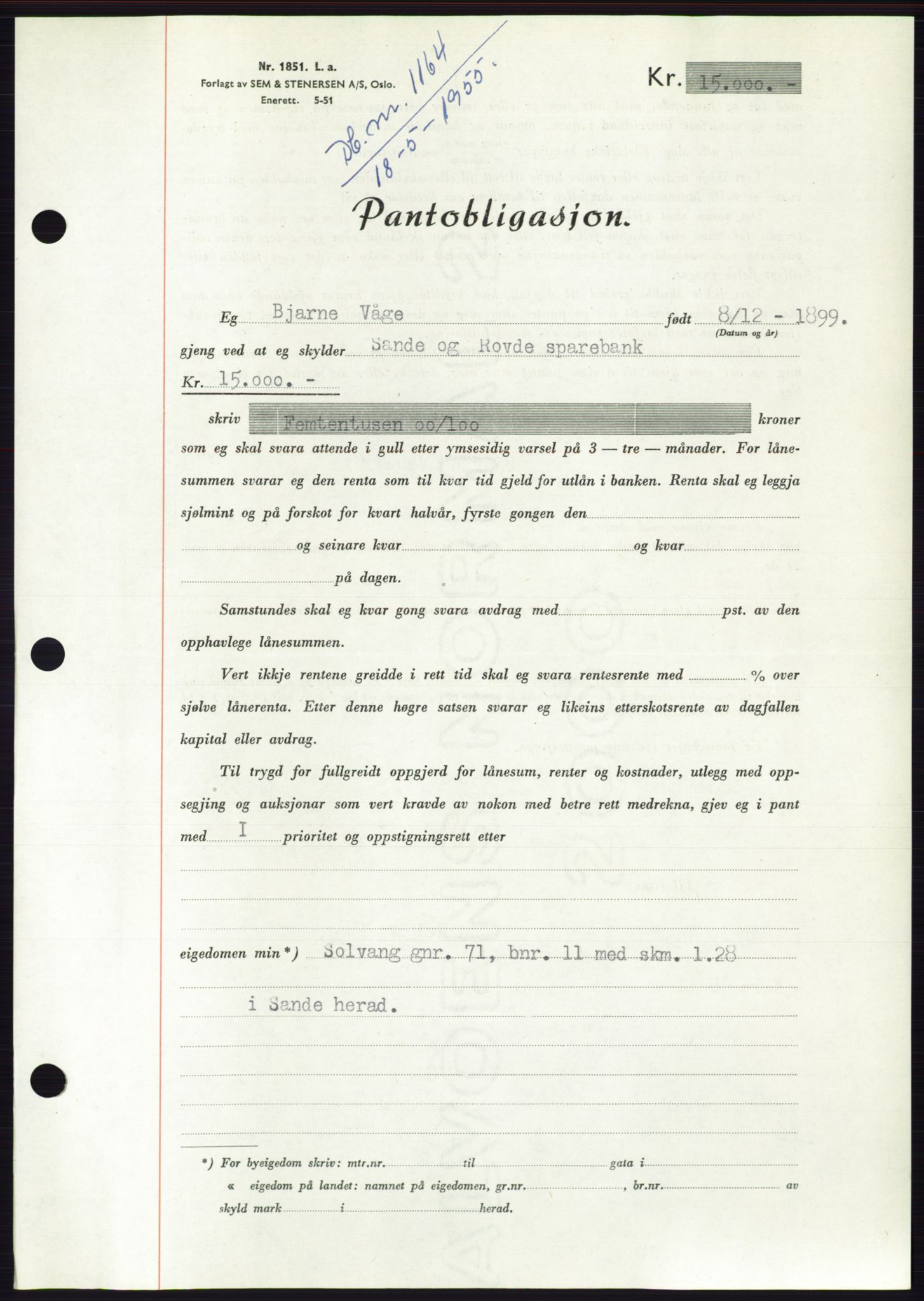 Søre Sunnmøre sorenskriveri, AV/SAT-A-4122/1/2/2C/L0126: Mortgage book no. 14B, 1954-1955, Diary no: : 1164/1955