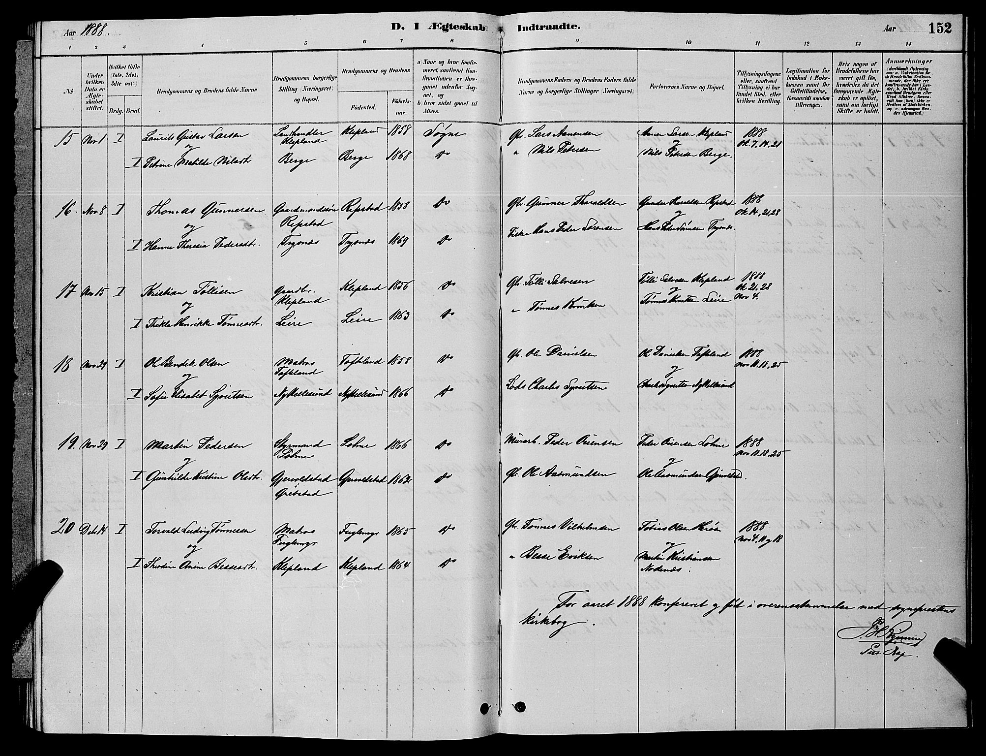 Søgne sokneprestkontor, SAK/1111-0037/F/Fb/Fbb/L0005: Parish register (copy) no. B 5, 1884-1891, p. 152