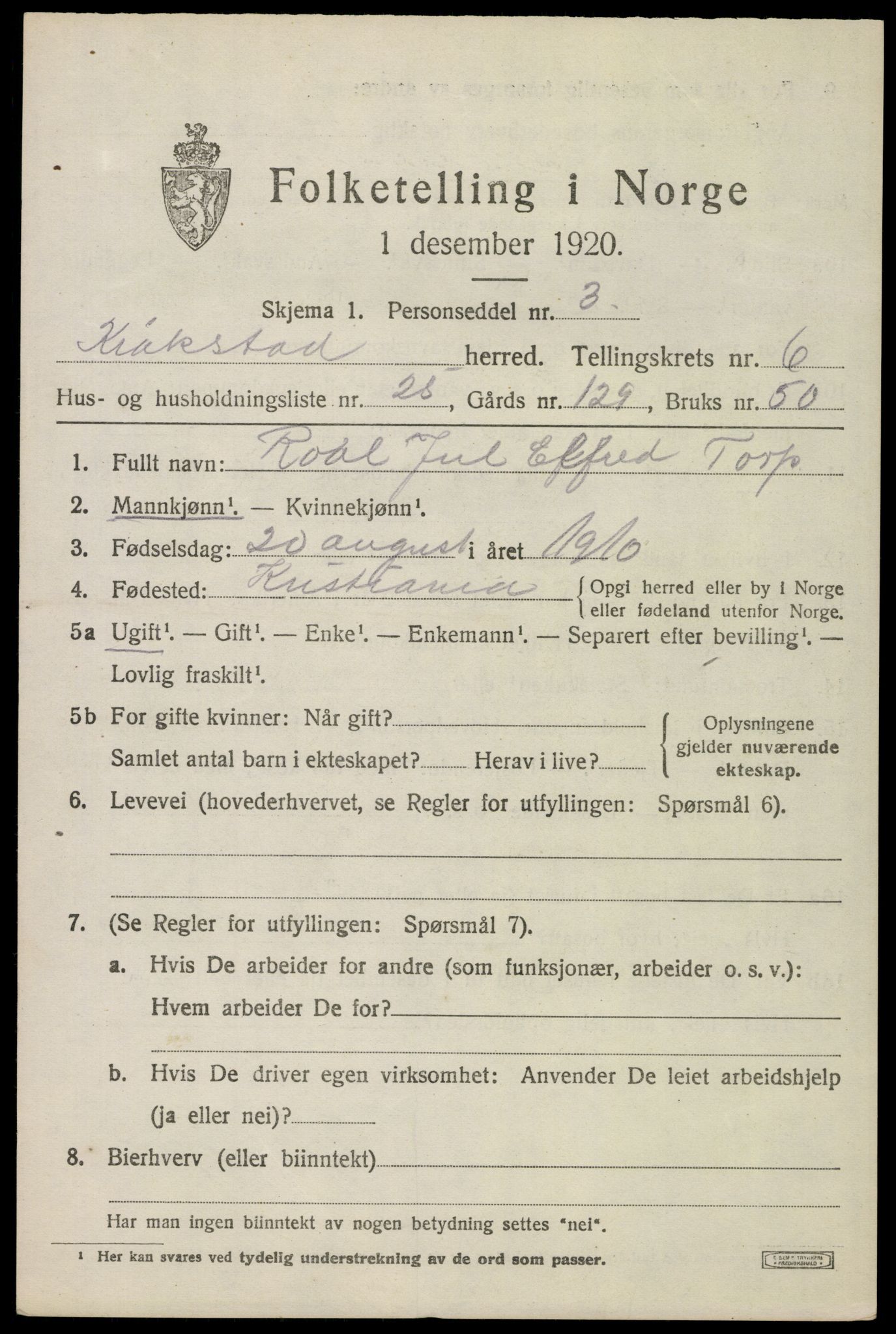 SAO, 1920 census for Kråkstad, 1920, p. 6125