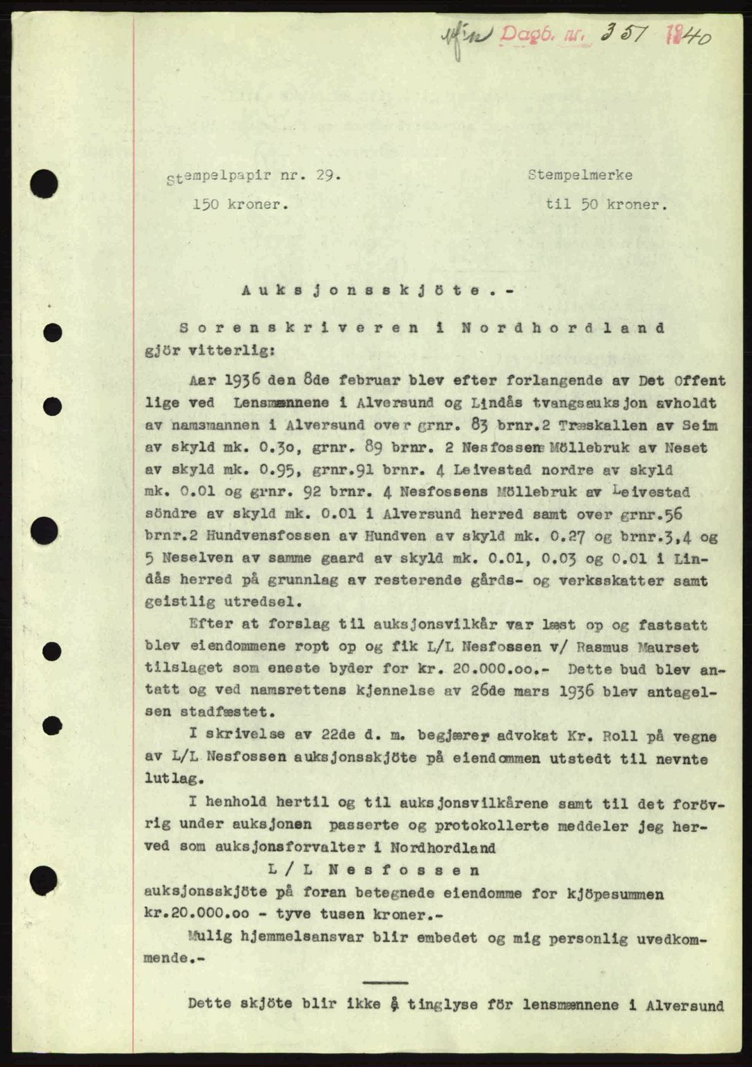 Nordhordland sorenskrivar, SAB/A-2901/1/G/Gb/Gbf/L0010: Mortgage book no. A10, 1939-1940, Diary no: : 351/1940