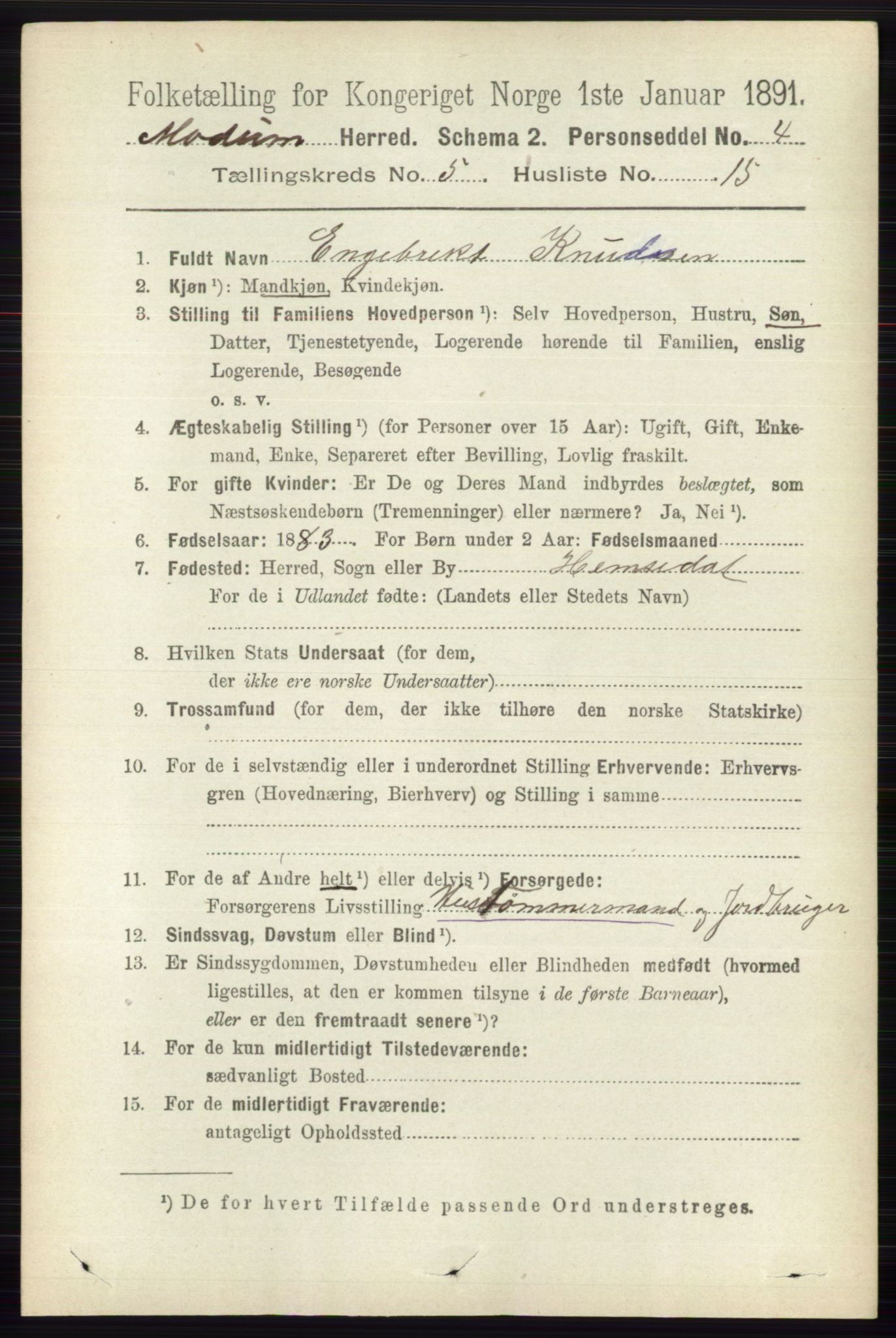 RA, 1891 census for 0623 Modum, 1891, p. 1555