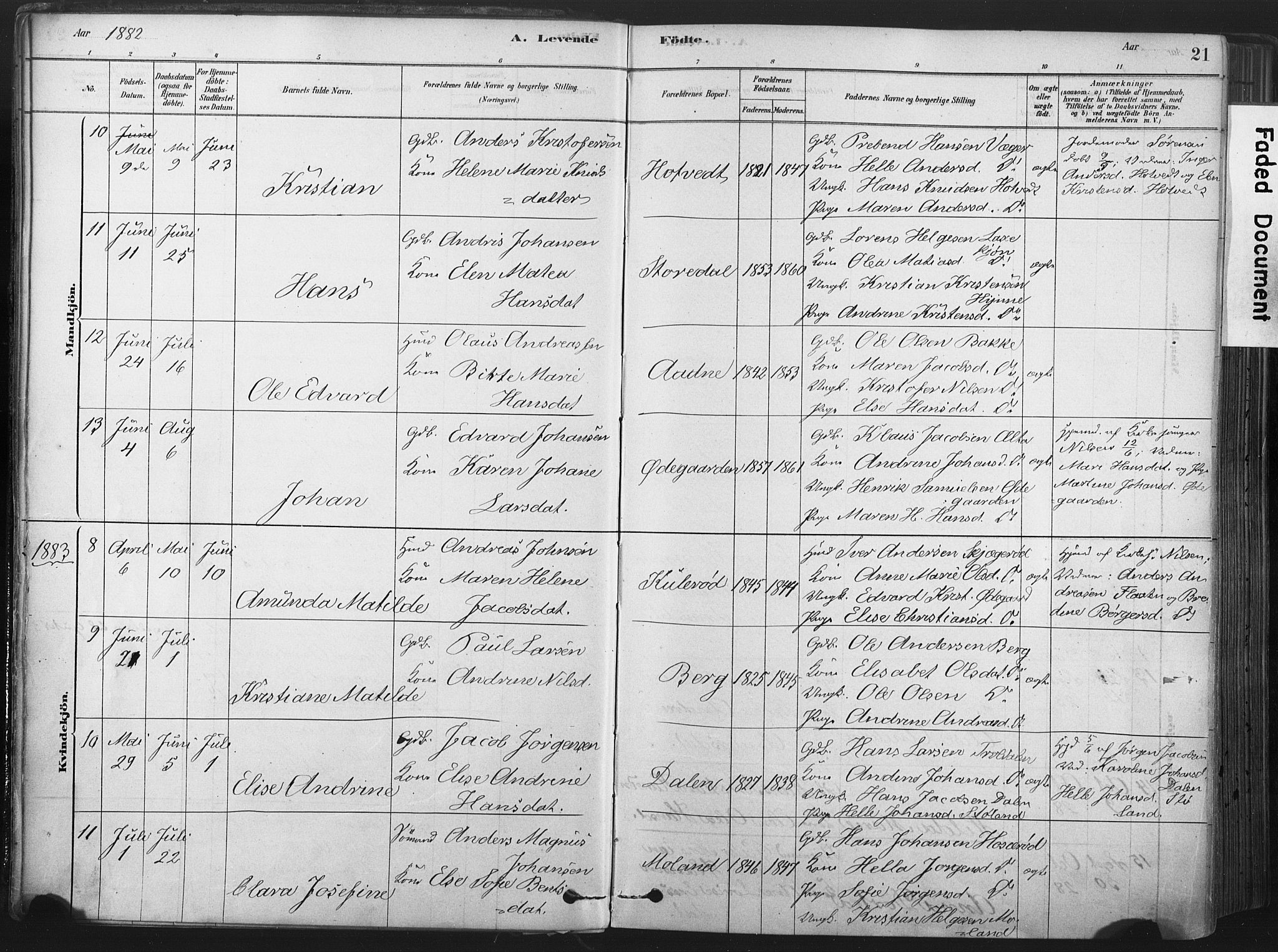 Andebu kirkebøker, AV/SAKO-A-336/F/Fa/L0007: Parish register (official) no. 7, 1878-1899, p. 21