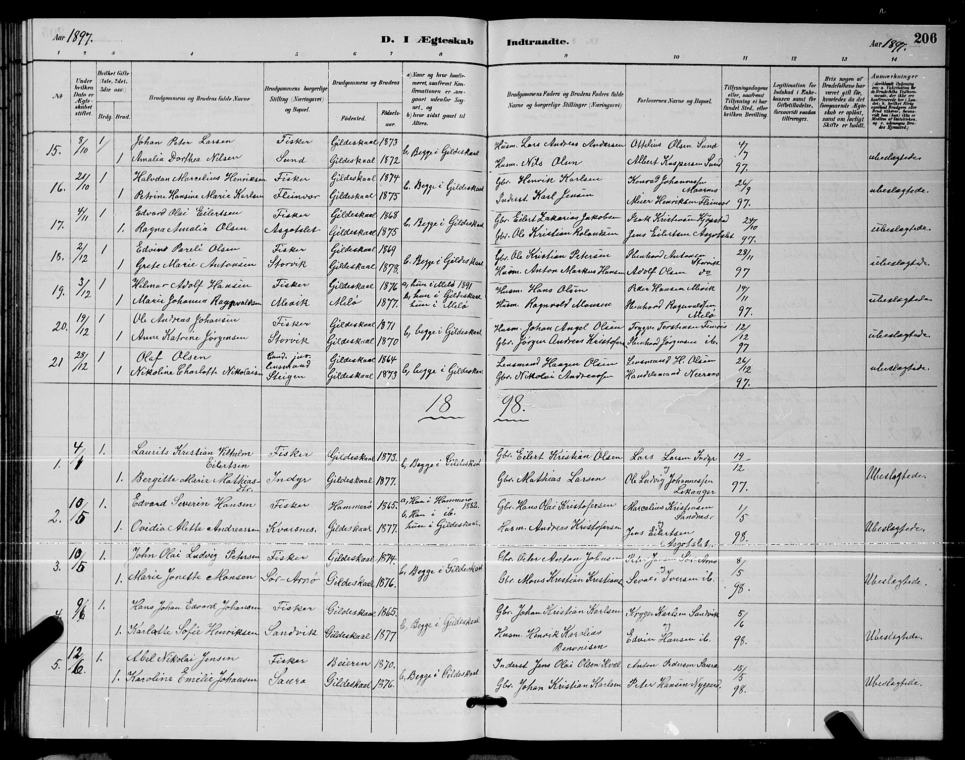 Ministerialprotokoller, klokkerbøker og fødselsregistre - Nordland, AV/SAT-A-1459/805/L0108: Parish register (copy) no. 805C04, 1885-1899, p. 206