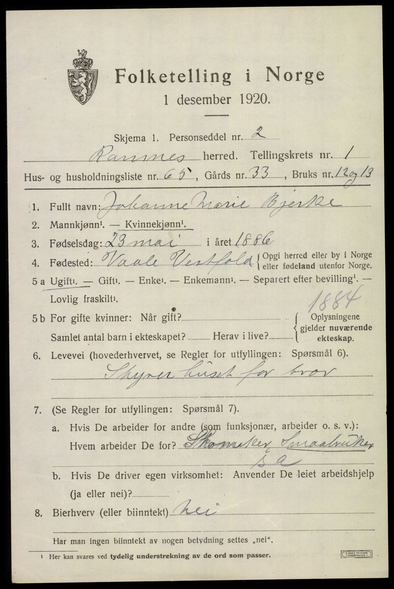 SAKO, 1920 census for Ramnes, 1920, p. 1942