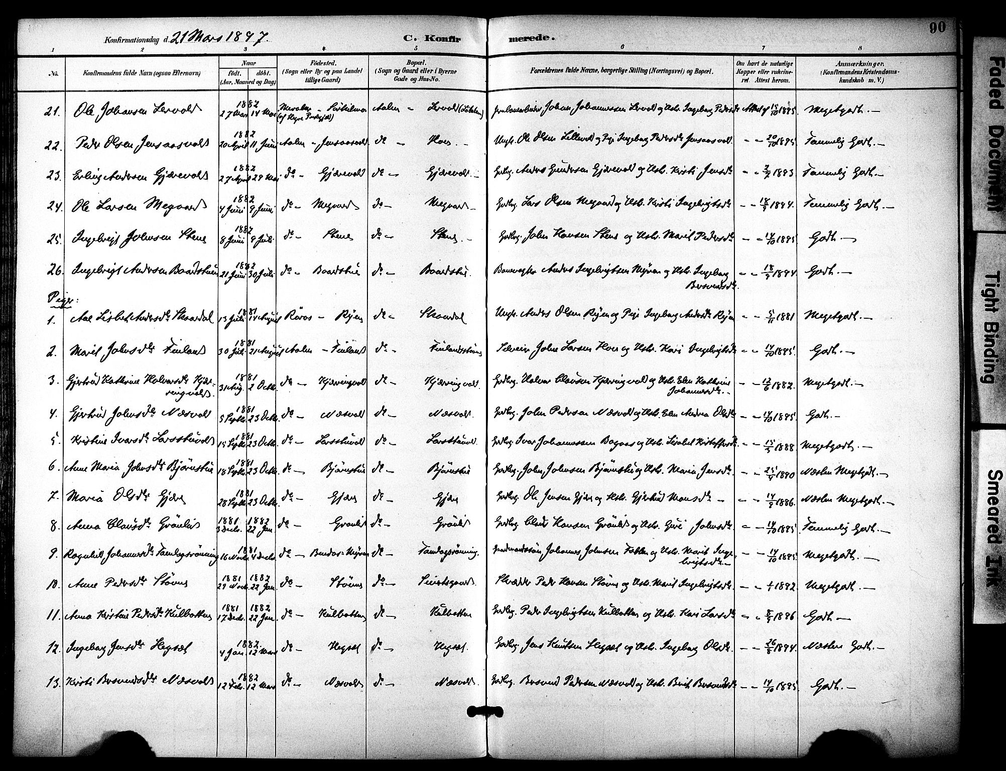 Ministerialprotokoller, klokkerbøker og fødselsregistre - Sør-Trøndelag, AV/SAT-A-1456/686/L0984: Parish register (official) no. 686A02, 1891-1906, p. 90