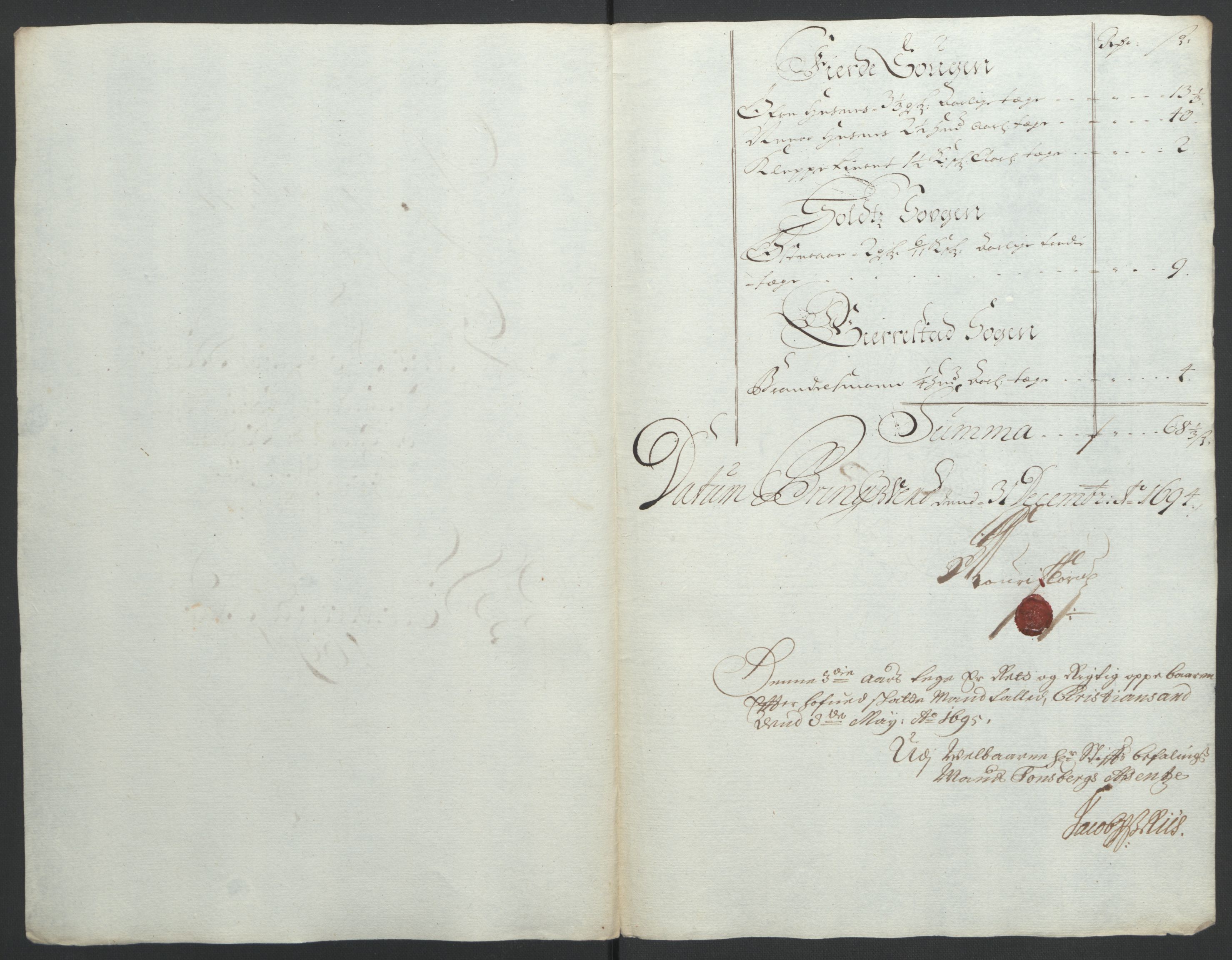 Rentekammeret inntil 1814, Reviderte regnskaper, Fogderegnskap, RA/EA-4092/R39/L2312: Fogderegnskap Nedenes, 1693-1695, p. 131