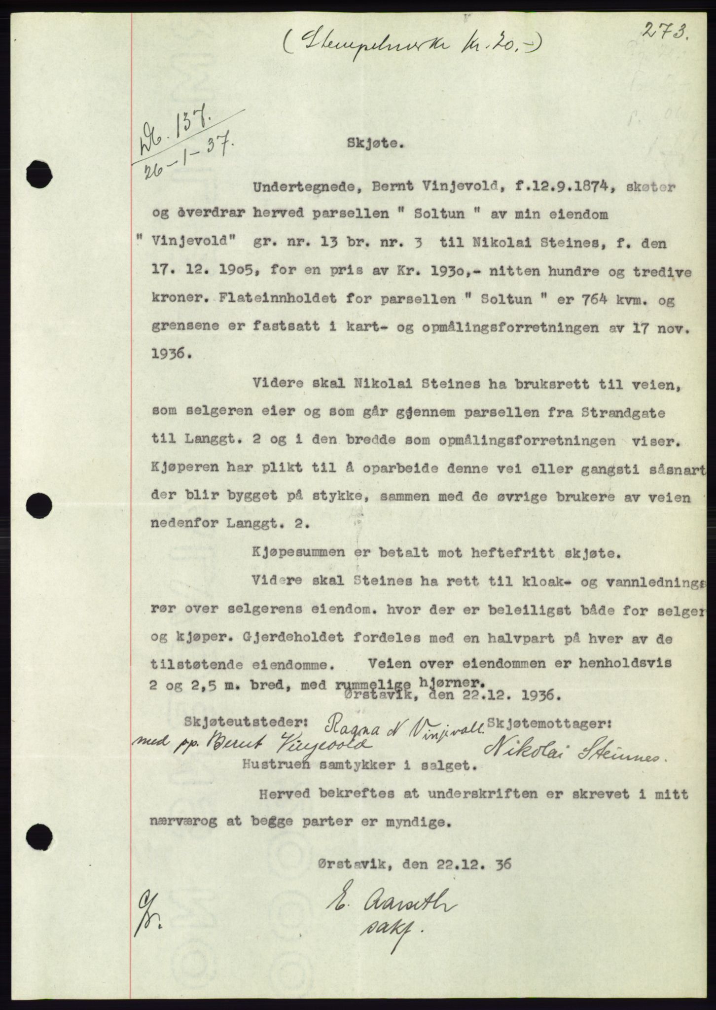 Søre Sunnmøre sorenskriveri, AV/SAT-A-4122/1/2/2C/L0062: Mortgage book no. 56, 1936-1937, Diary no: : 137/1937