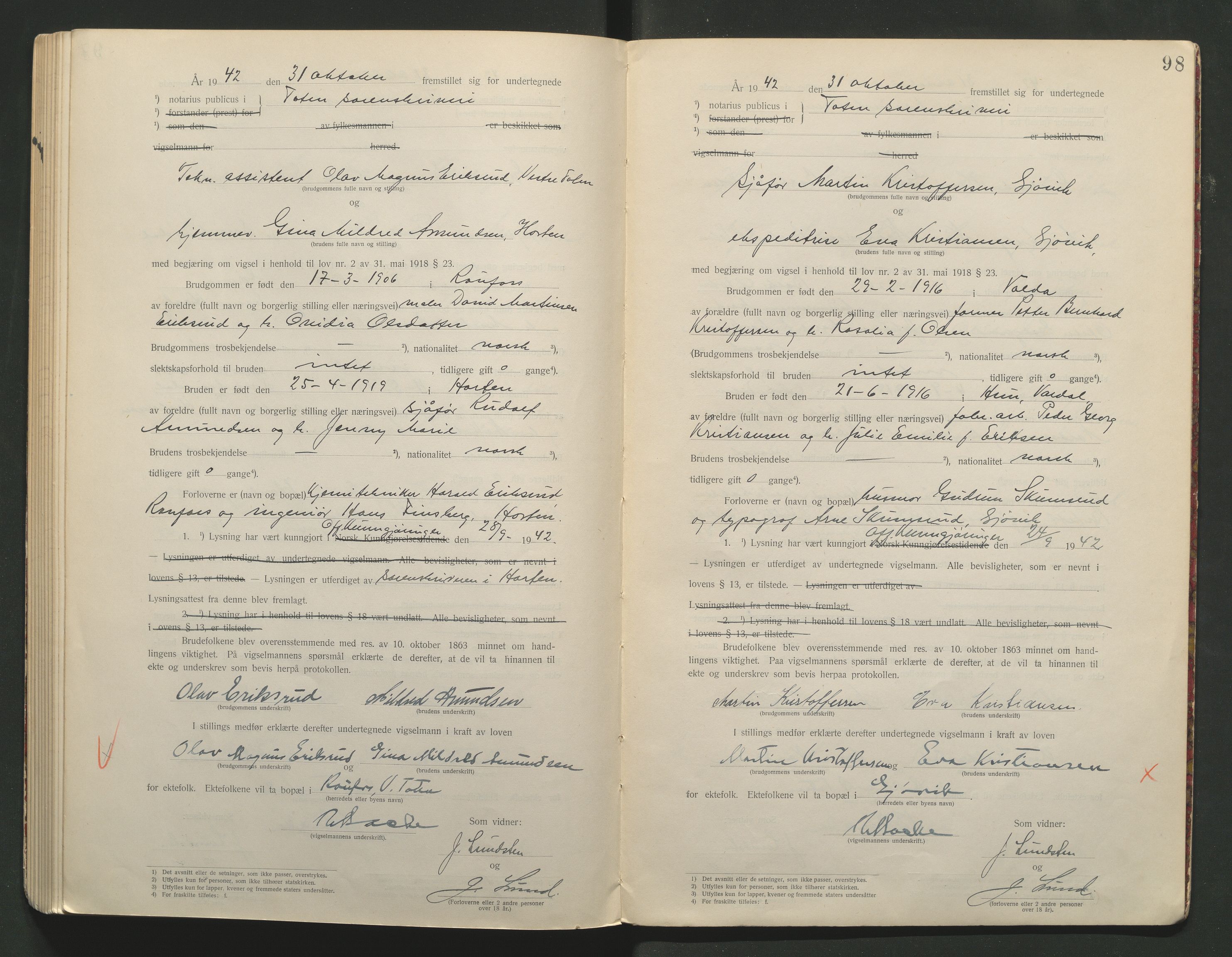 Toten tingrett, AV/SAH-TING-006/L/Lc/L0001: Vigselbok, 1920-1942, p. 98