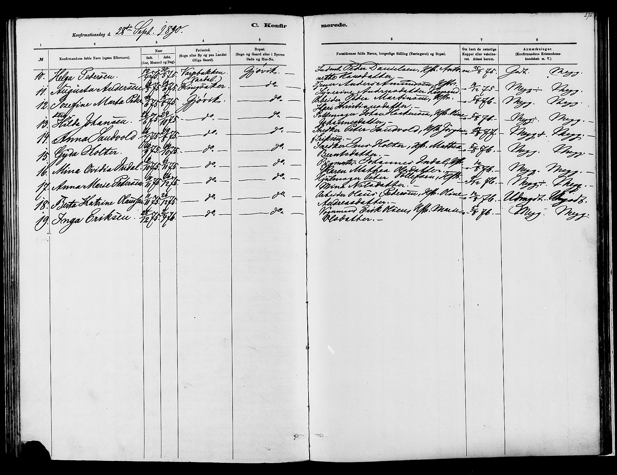 Vardal prestekontor, SAH/PREST-100/H/Ha/Haa/L0008: Parish register (official) no. 8, 1878-1890, p. 276