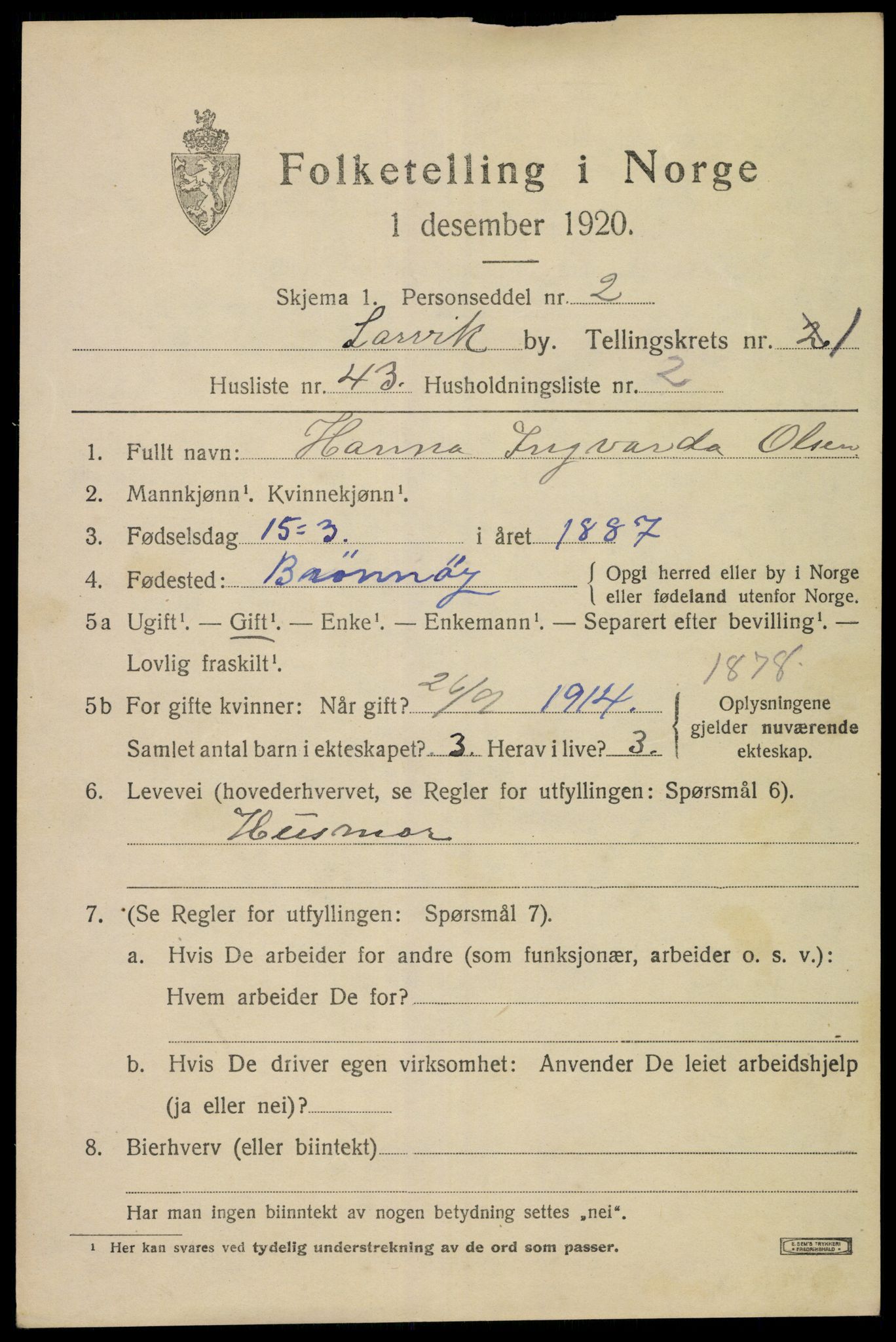 SAKO, 1920 census for Larvik, 1920, p. 9280