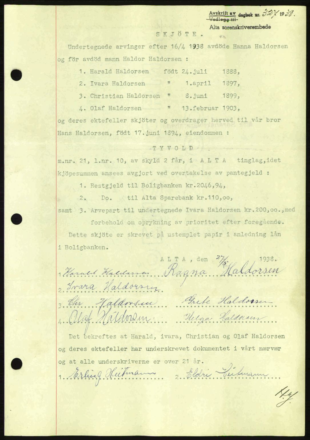 Alta fogderi/sorenskriveri, SATØ/SATØ-5/1/K/Kd/L0031pantebok: Mortgage book no. 31, 1938-1939, Diary no: : 327/1938