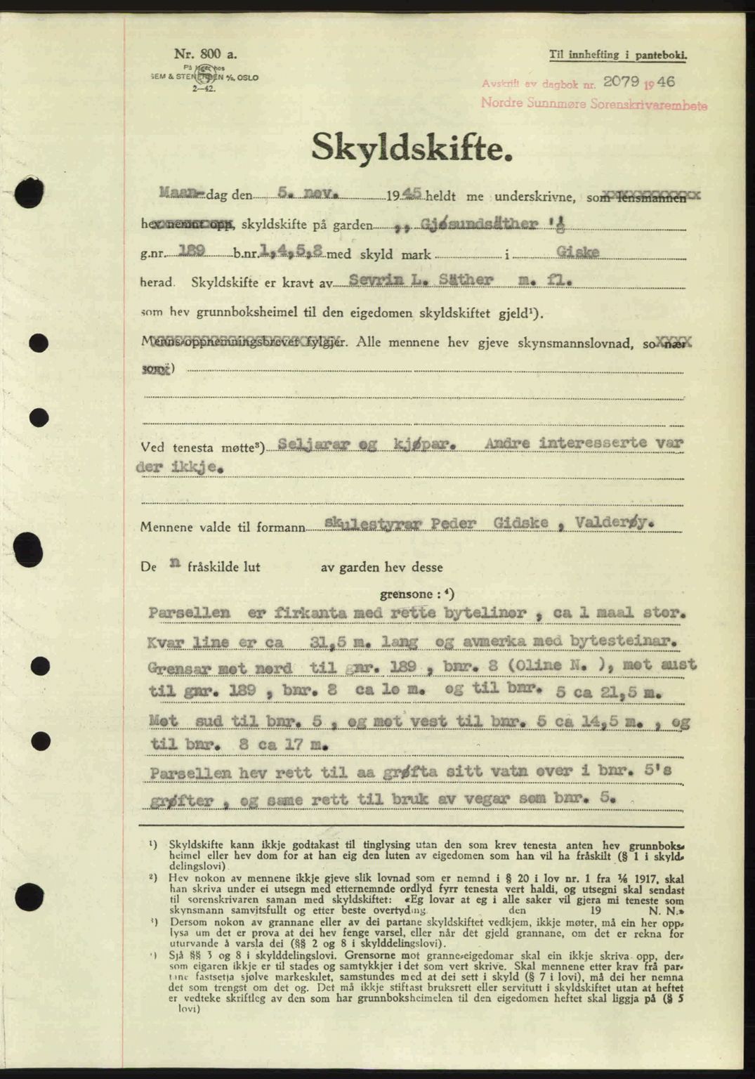 Nordre Sunnmøre sorenskriveri, AV/SAT-A-0006/1/2/2C/2Ca: Mortgage book no. A23, 1946-1947, Diary no: : 2079/1946