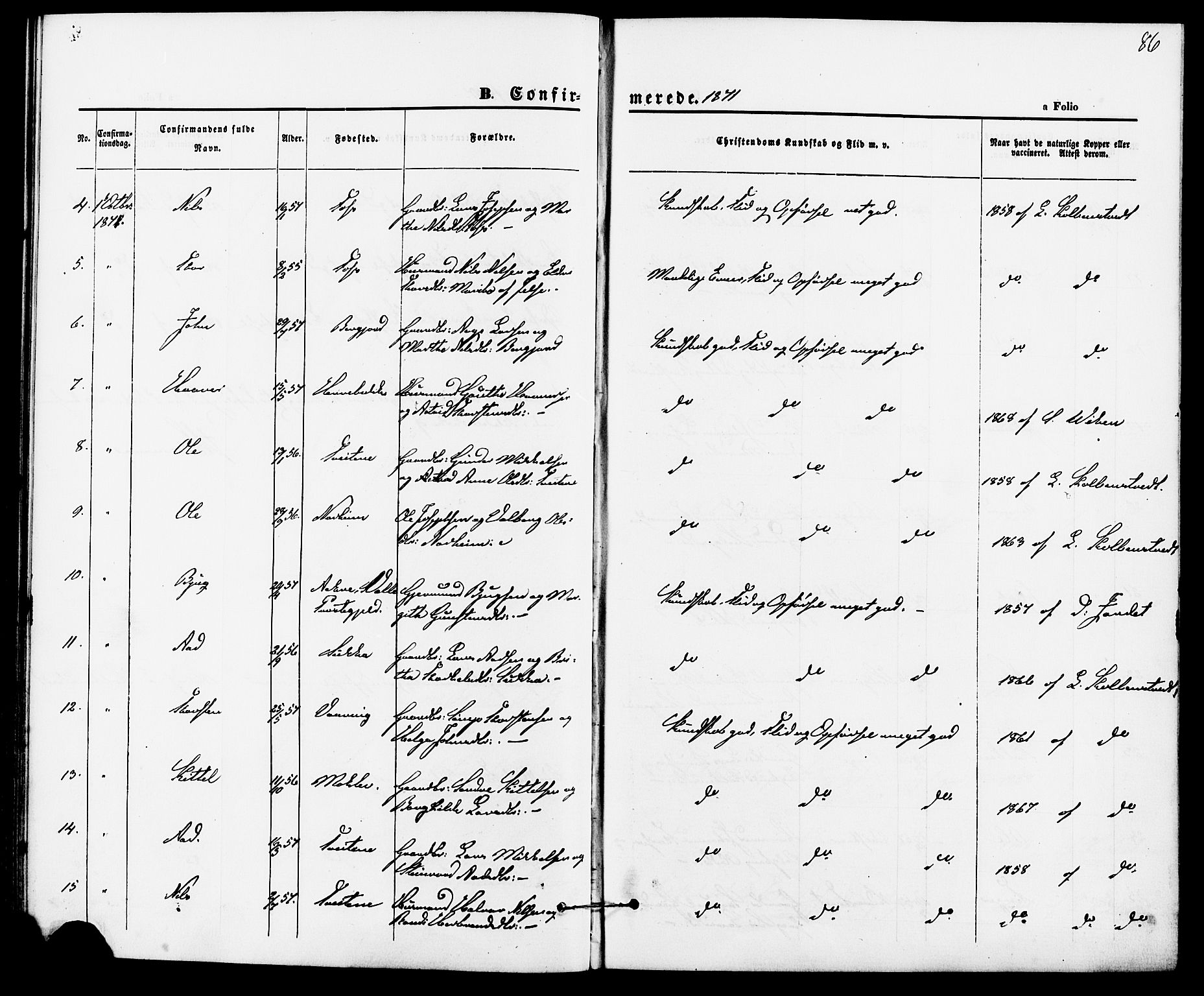 Suldal sokneprestkontor, AV/SAST-A-101845/01/IV/L0010: Parish register (official) no. A 10, 1869-1878, p. 86