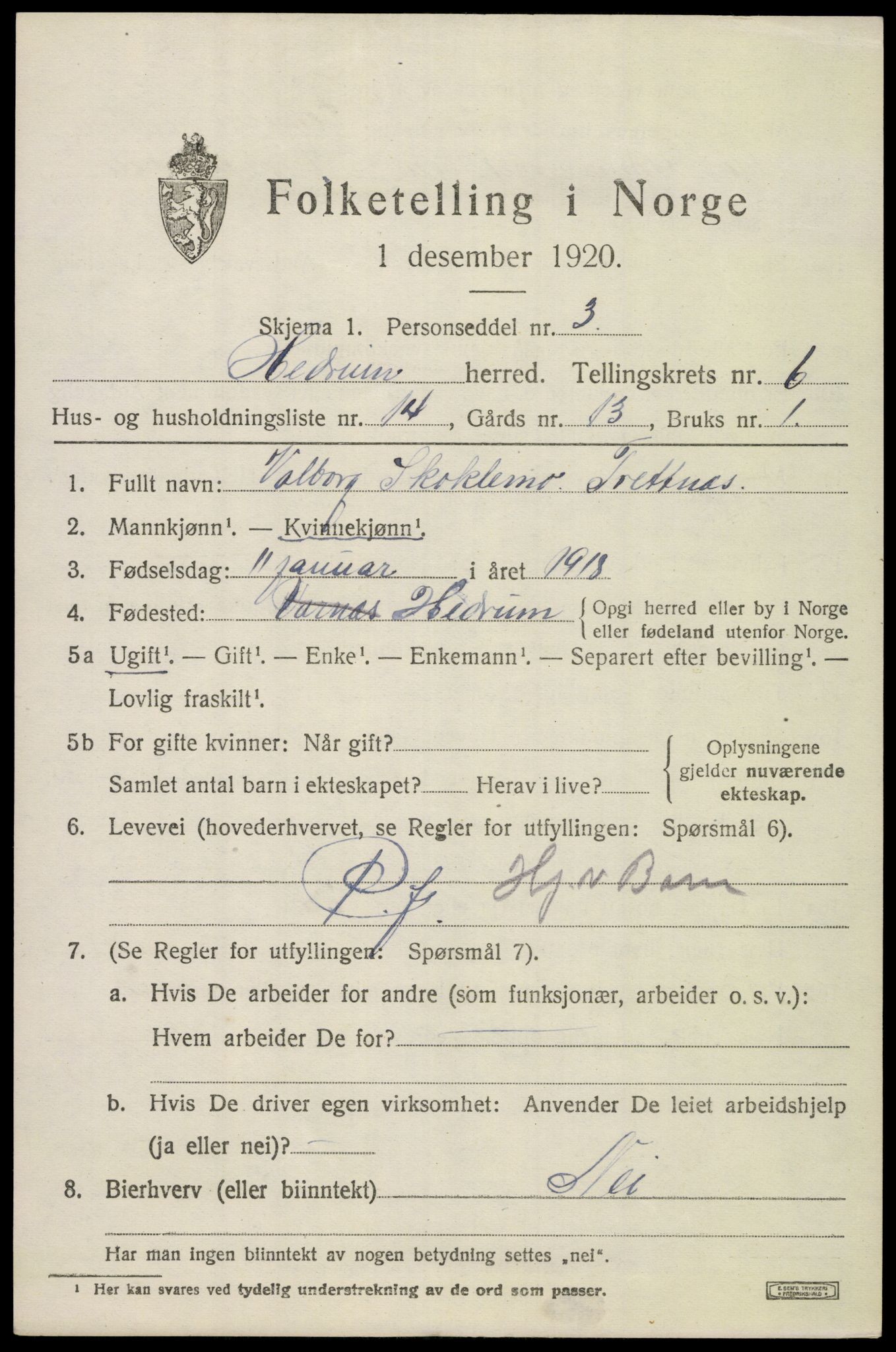 SAKO, 1920 census for Hedrum, 1920, p. 5687